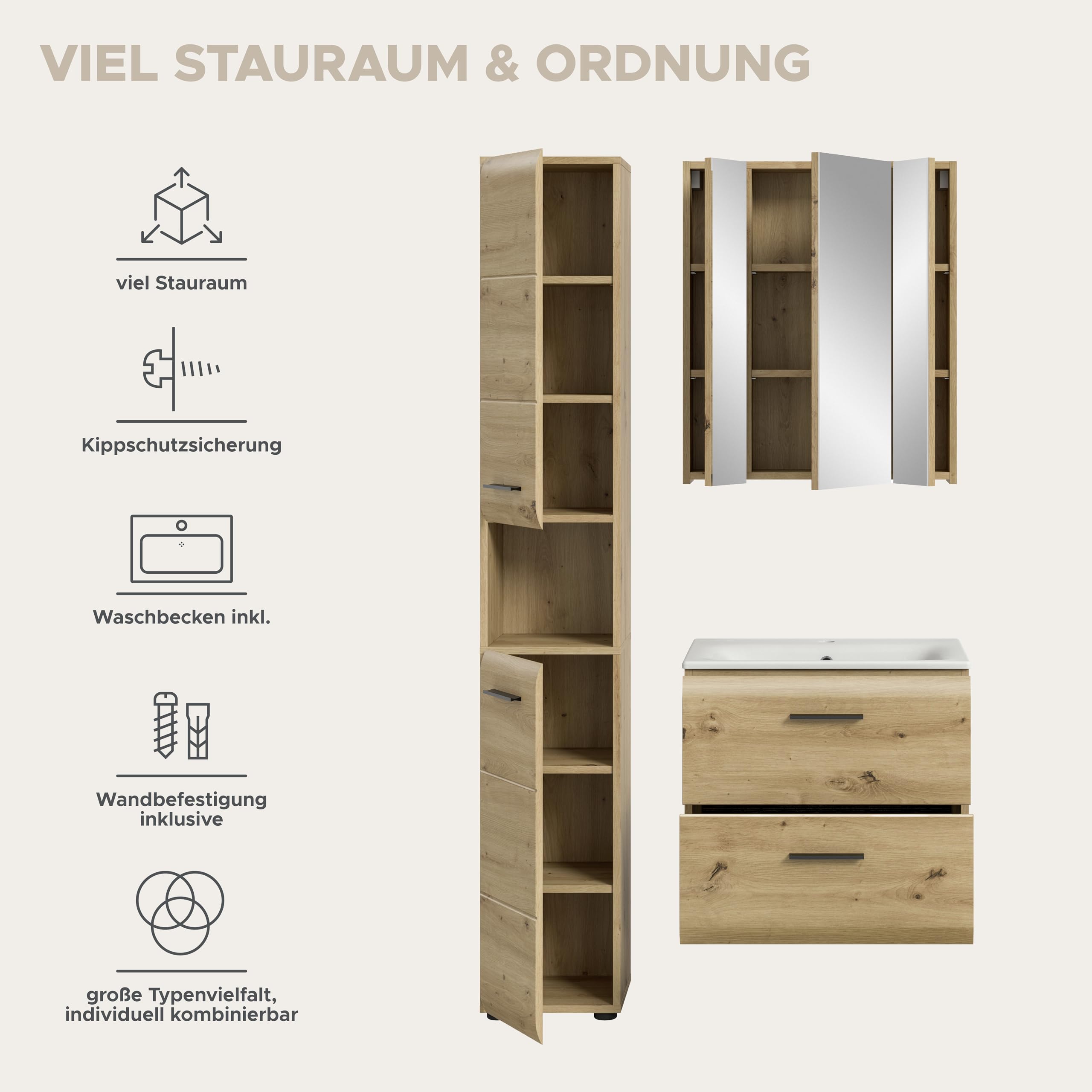 xonox.home – 3 TLG. Badmöbel-Set Ice 105x185x46 cm in Korpus und Front Artisan Oak Nachbildung – Zeitgemäße Kombination für Dein Bad – funktional – Bild 9