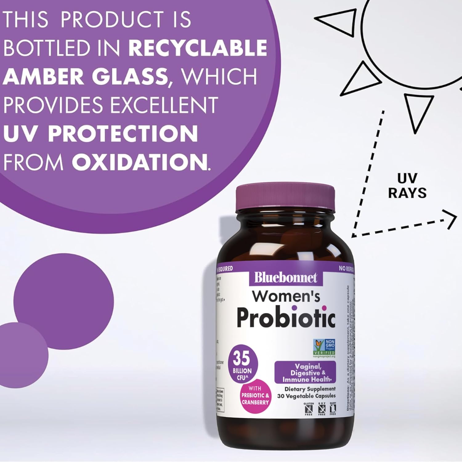 BlueBonnet Nutrition Women’s Probiotic 35 Billion CFU^ Shelf Stable - Urinary Tract, Vaginal pH, Digestive, Immune* - Prebiotic and Cranberry - Non-GMO, Free of Dairy, Gluten & Soy - 30 Servings - Image 5