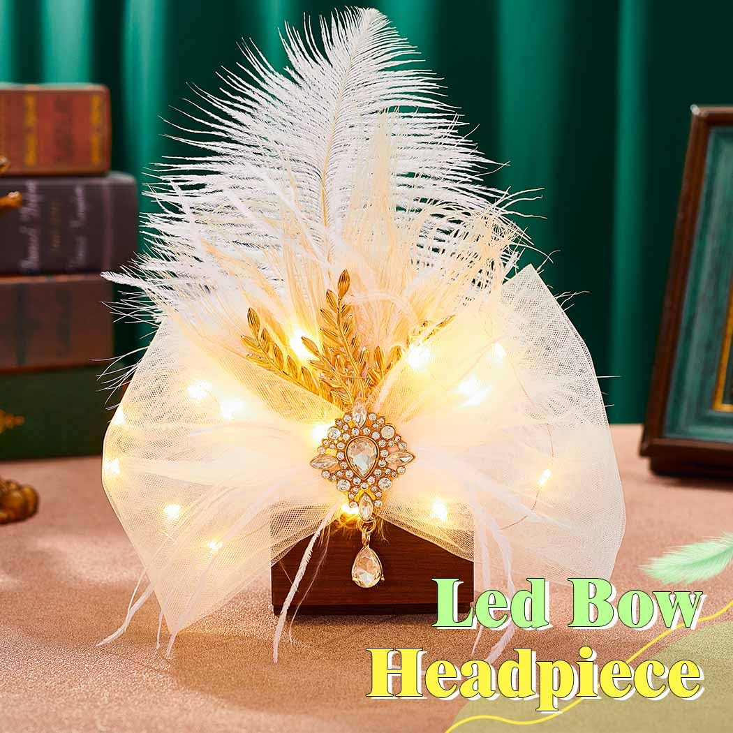 JAKAWIN Light Up Hair Bow Clip LED Feather Headpiece for Women - Image 2