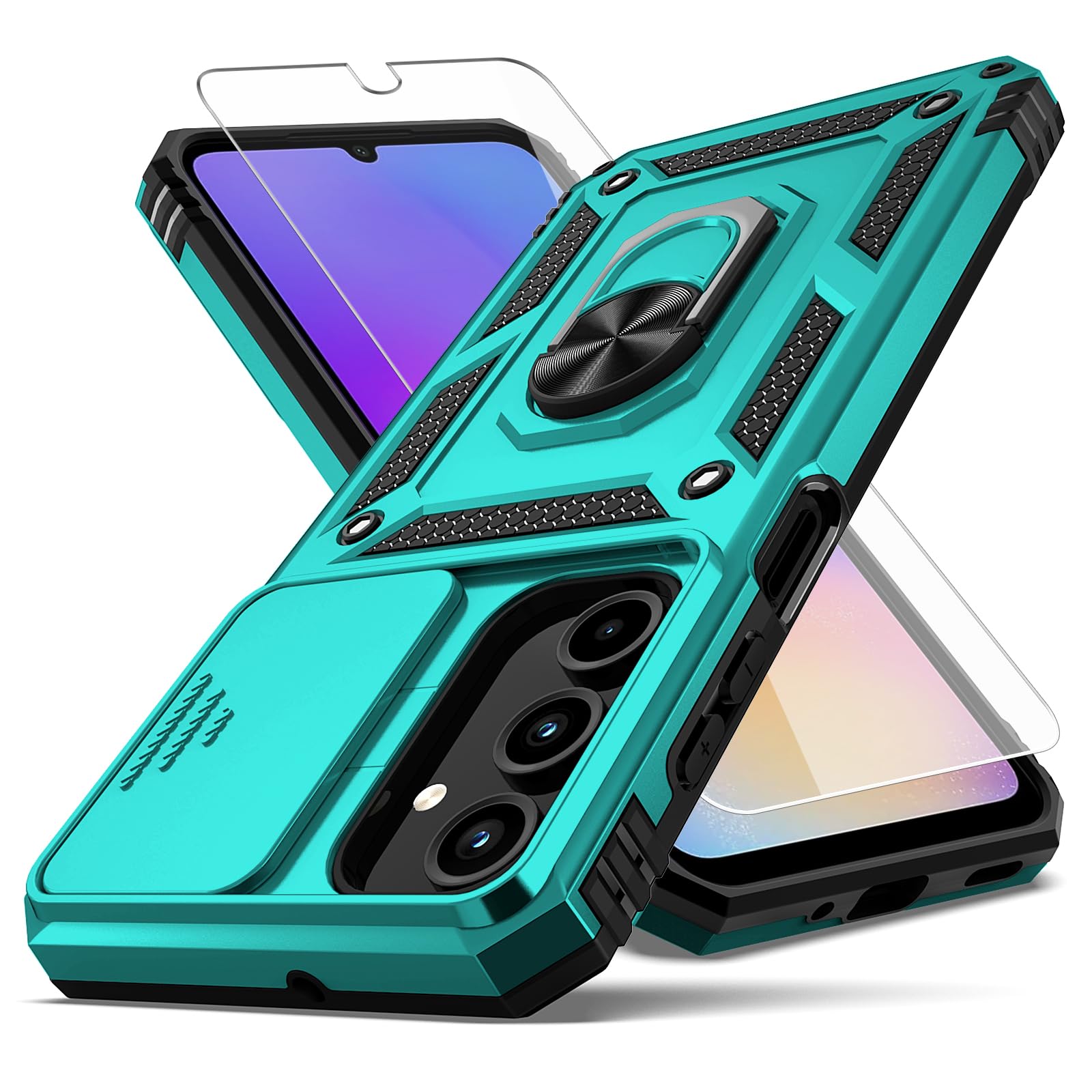 for Samsung Galaxy A16 5G Case,with Camera Lens Cover HD Screen Protector,[Military Grade] Ring Car Mount Kickstand Hybrid Hard PC Soft TPU Shockproof