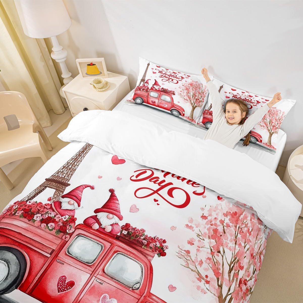 Happy Valentines Day Gifts for Men,Paris Eiffel Tower Bedding Set Cartoon Scandinavian Gnome Comforter Cover Christmas Santa Dwarf Duvet Cover Twin,Romantic Red Heart Tree Kawaii Room Decor image 4