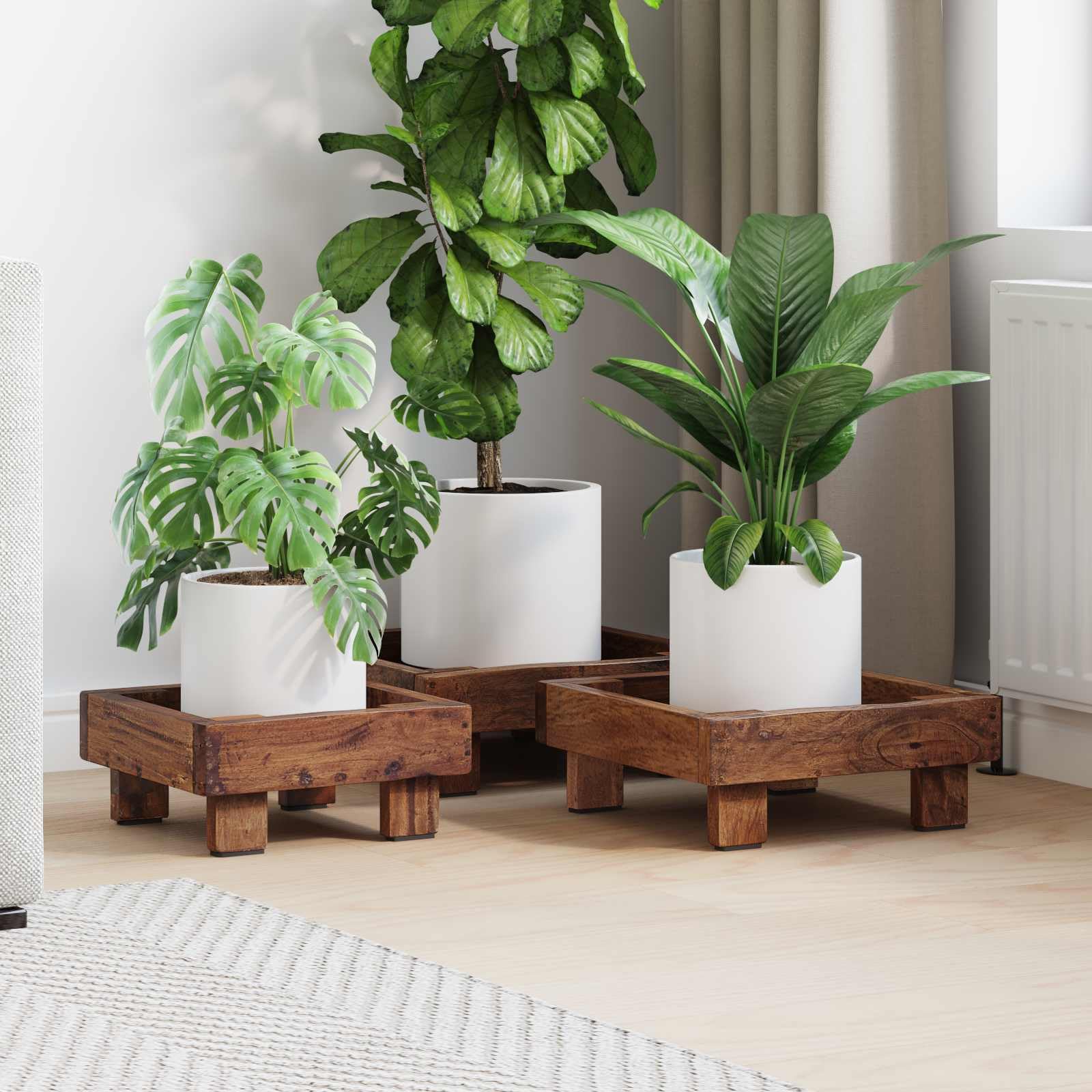 Supporto per piante, 3 pezzi, marrone mogano | Diverse dimensioni, resistente alle intemperie, superficie oliata, per balcone e giardino