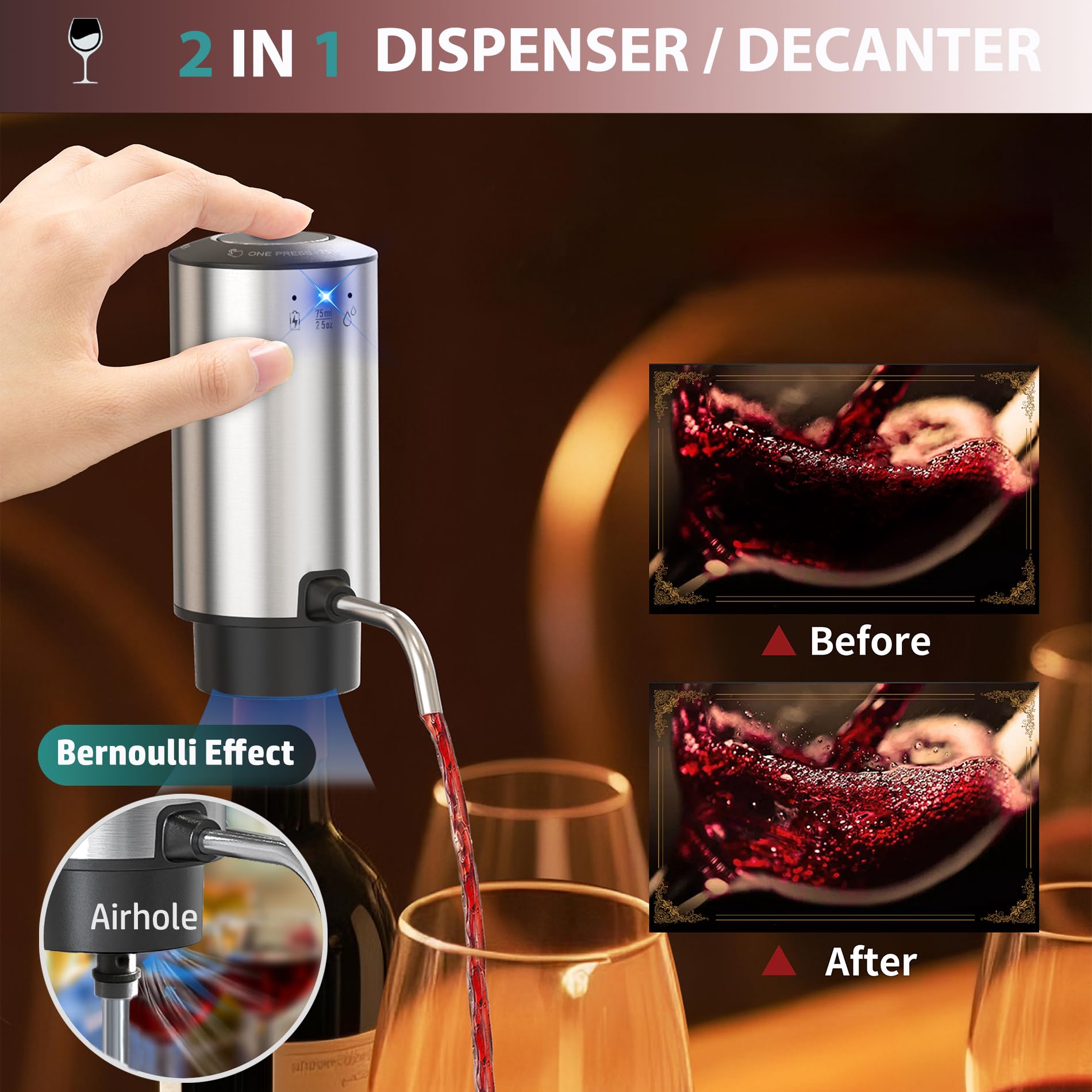 Aireador de vino eléctrico/Vertedor con control de porción
