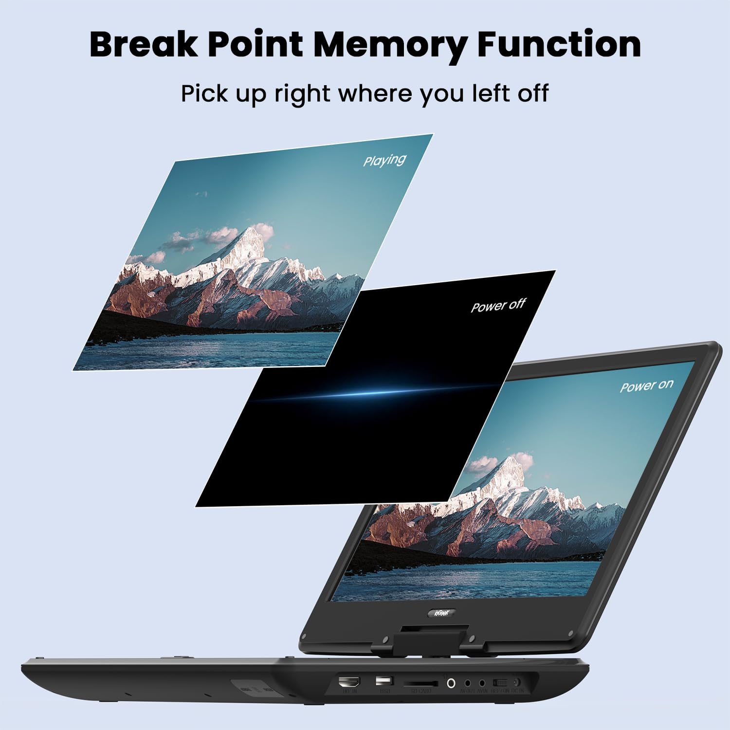 ieGeek Lecteur DVD portable de 16" avec écran pivotant de 14,1", entrée HDMI, batterie rechargeable de 6 heures, lecture USB/SD, cadeau idéal pour les personnes âgées, les enfants et les voyages, noir