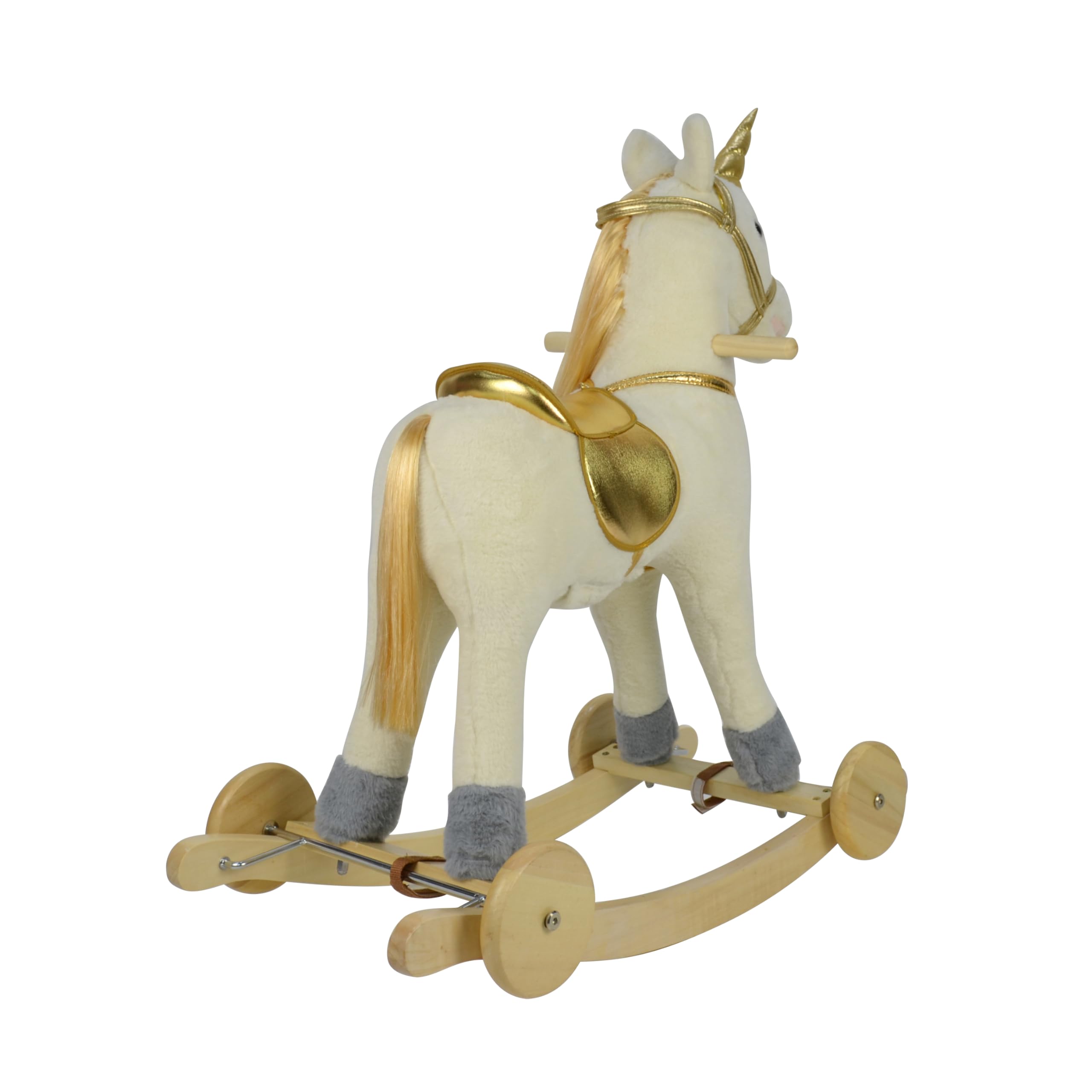 Cavallo a Dondolo per Bambini 36-72 Mesi Unicorno a Dondolo Cavalcabile in Legno e Peluche con Rotelle Suoni e Movimenti Realistici 74x30x62 cm (Bianco e Oro)