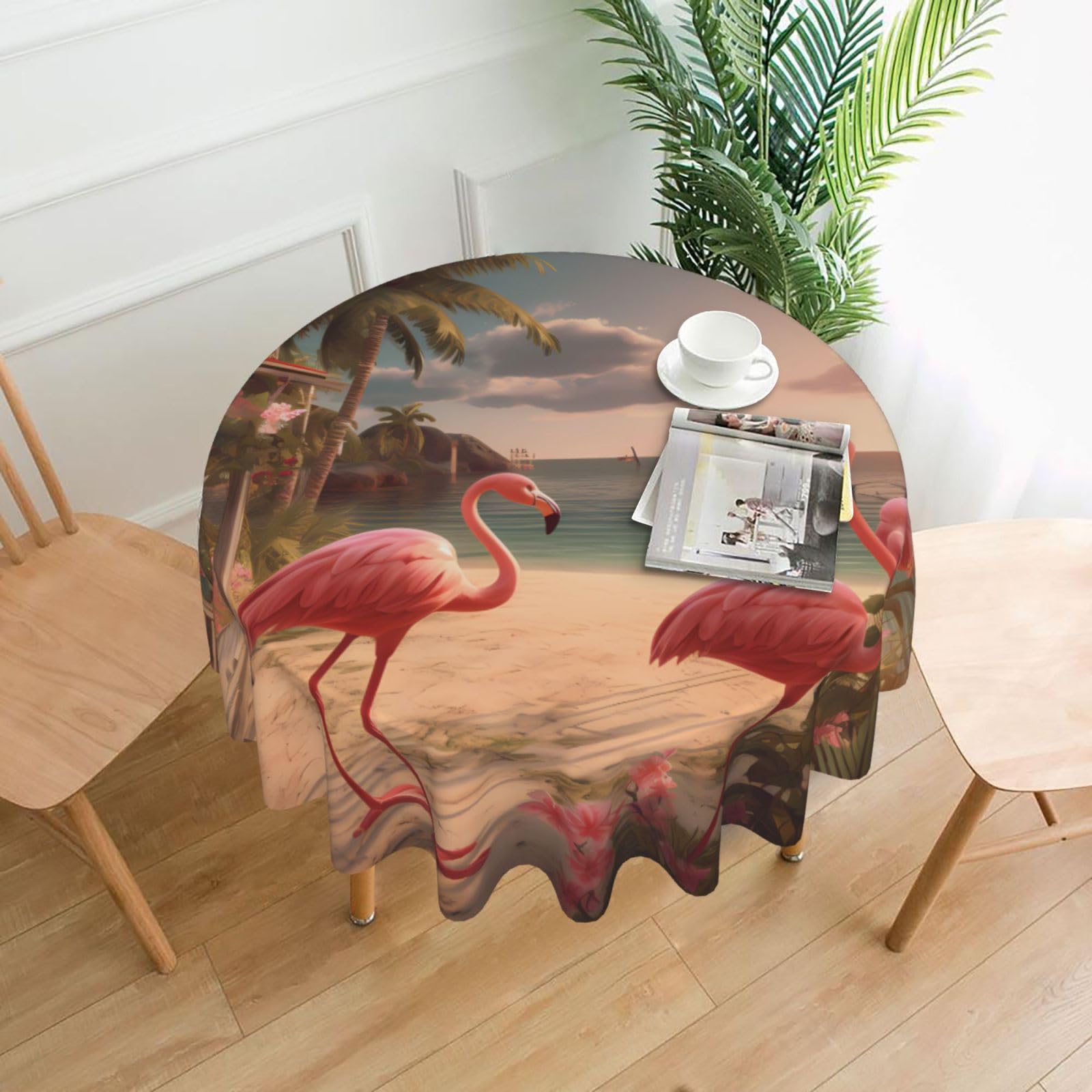 WHJSHOP Round Decorative Tablecloth - 60 in Flamingo Beach Printed Soft Wrinkle-Resistant for Dining Tables and Parties