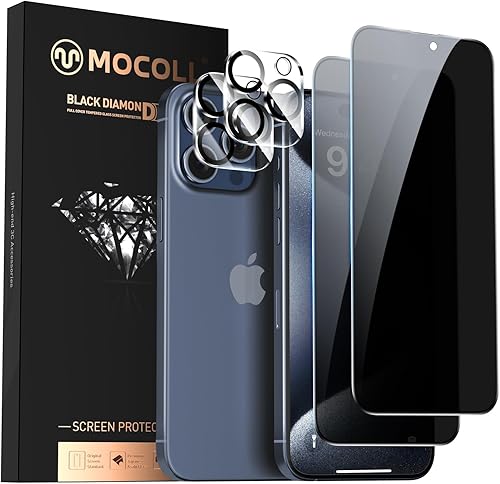 Miniatura 7 de MOCOLL - Paquete de 2 + 2 protectores de pantalla para iPhone 15 Pro, vidrio templado de privacidad de 6.7 pulgadas, resistente a los arañazos,