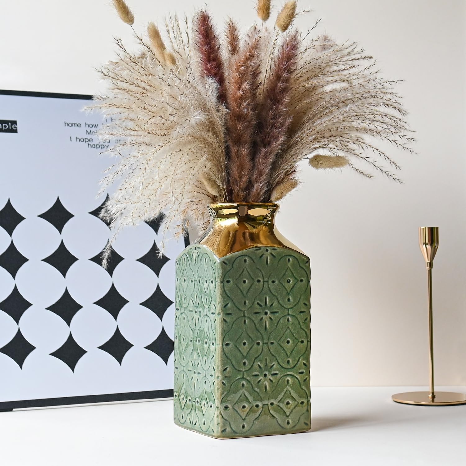 Modern Ceramic Vase Set of 2 for Living Room Bedroom 9.3'' and 7.9'' Flower Vases for Home Decor Office Centerpieces Vintage Antique Green Gold Farmhouse Rustic Minimalist Gift for Fake Plant