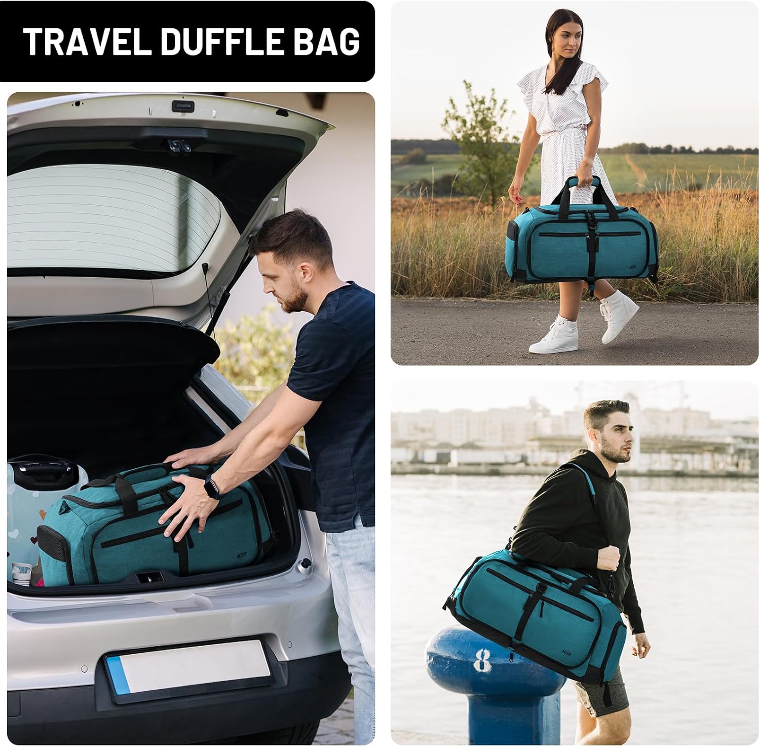 MIER Foldable Duffle Bag with Shoe Compartment 50L Travel Duffel Bags for Men Women Packable Overnight Bag for Camping Gym Weekender, Teal - Image 5