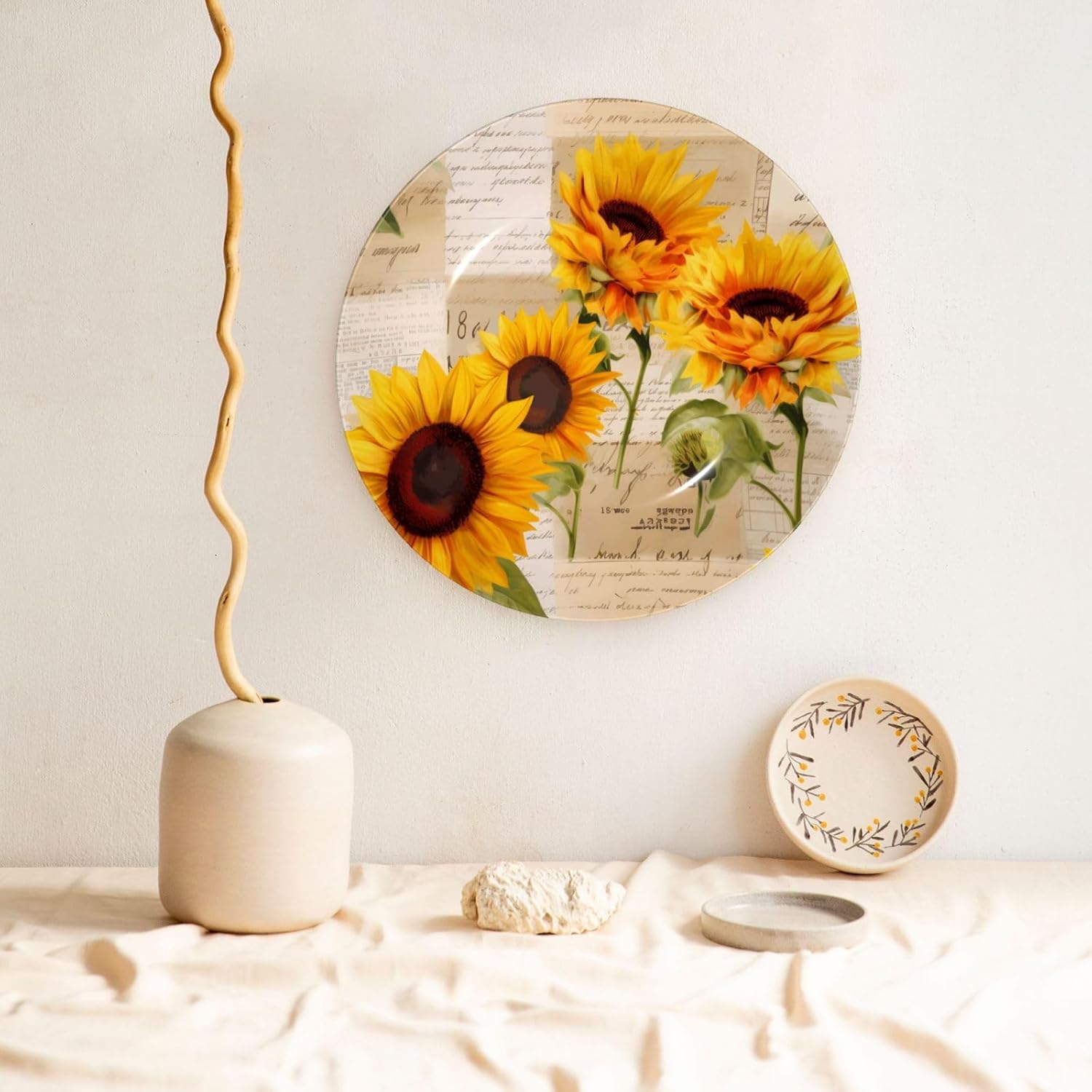 Postcard Sunflowers Decorative Porcelain Dish with Stand, Circle Decorative Plates for Table Fall Floral Home Office Kitchen Wall Decor, 8in