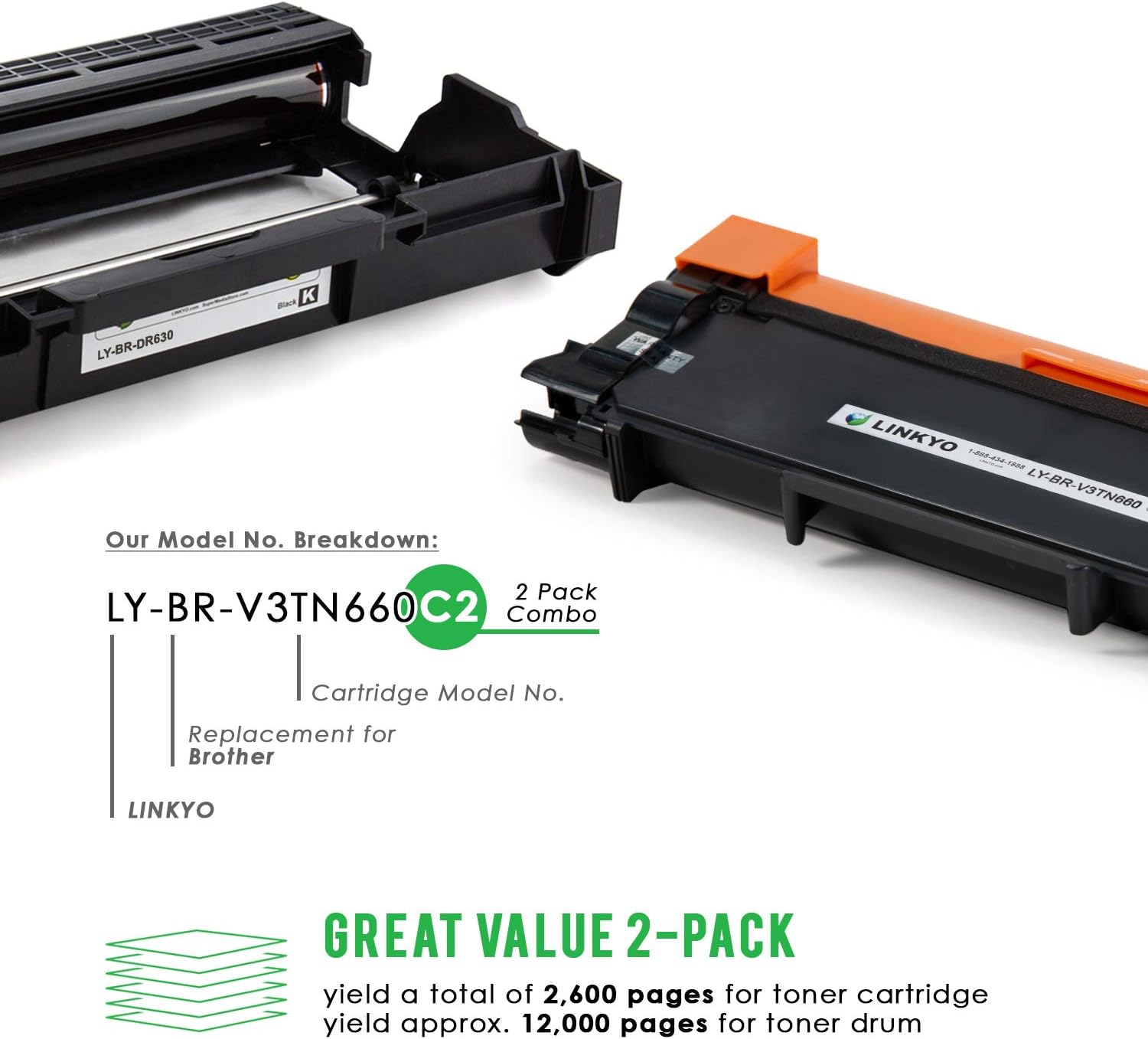 LINKYO Compatible Printer Toner Cartridge and Drum Unit Replacement for Brother TN660 DR630 (1x TN660, 1x DR630, Design V3)