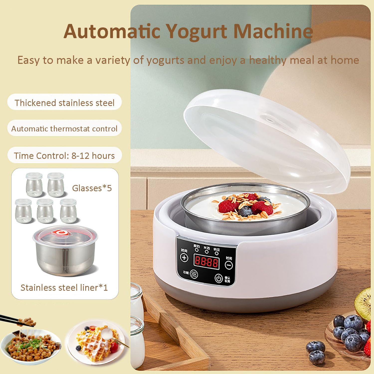 Macchina per Yogurt Automatica, Macchina per Yogurt da 1200 ml con Display LCD, barattoli di Vetro da 5 Pezzi, Controllo della Temperatura e del Tempo Regolabili, Facile Pulizia, per Vino