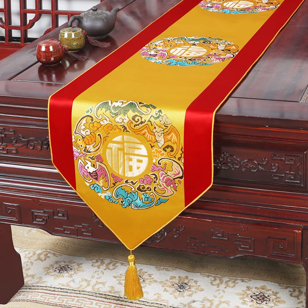 Table Runners,Fashion Bright Chinese Yellow Blessing Group Geometric Individual Art Table Cloth Coffee Table Cloth Rich Bed Flag For Dining Room,Kitchen,Living Room,Holiday And Party Table Decor,