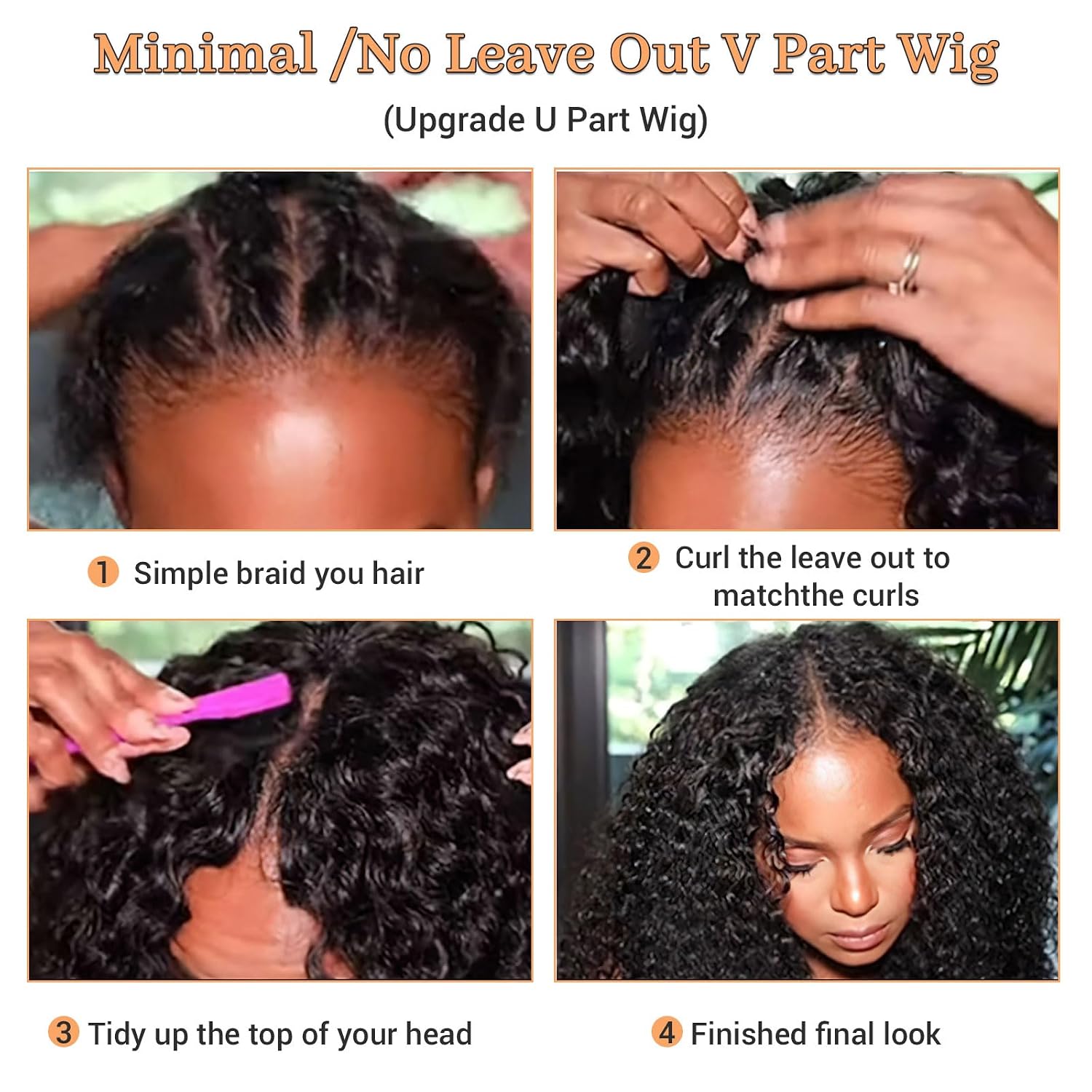 V Part Wig Human Hair Kinky Curly Upgrade U Part With Adjustable Drawstring 200% Density V Shape Clip In Half Wig for Women Natural Color 16 Inch