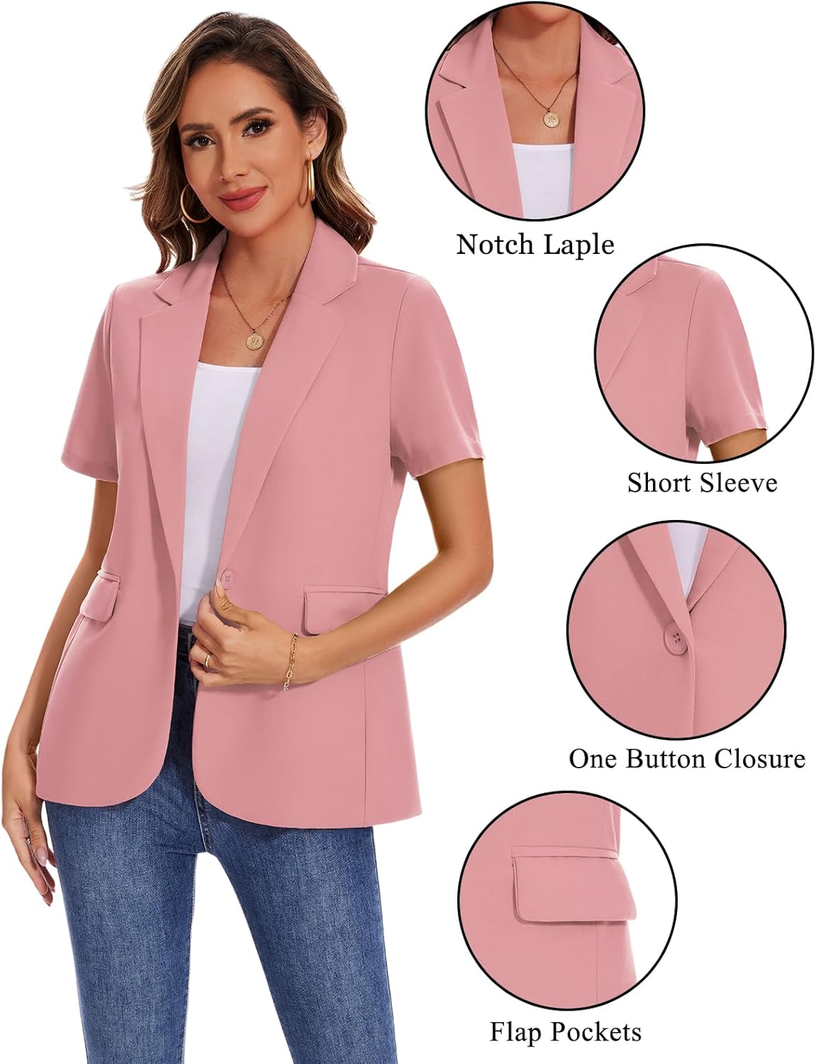 MINTLIMIT Women Short Sleeve Blazer Lightweight Button Front Business Jacket Notched Lapel Work Office Blazers with Pockets - Image 3