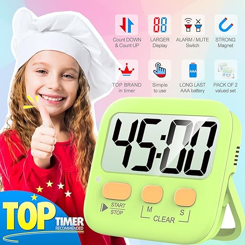 Miniatura 37 de Antonki Paquete de 2 temporizadores digitales para niños, temporizadores de cocina magnéticos de cuenta regresiva para cocinar, huevos, aula, 2 x