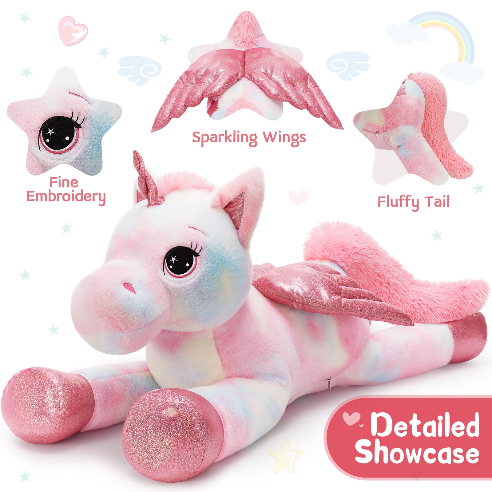 MorisMos Einhorn Kuscheltier groß XXL mit flügel, 110cm riesen Einhorn Stofftier Plüschtier, Geschenk für Kinder Mädchen-Bunt Rosa