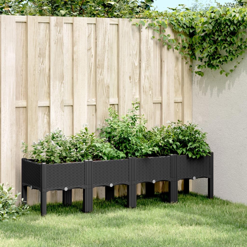 Black Plant pojemnik z nogami 160 x 40 x 42 cm PP Garden Pot do użytku na zewnątrz, balkonik Patio, zioła, sukulent, kaktus, orchidea, bonsai, z drenażem i podwyższonym wzorem