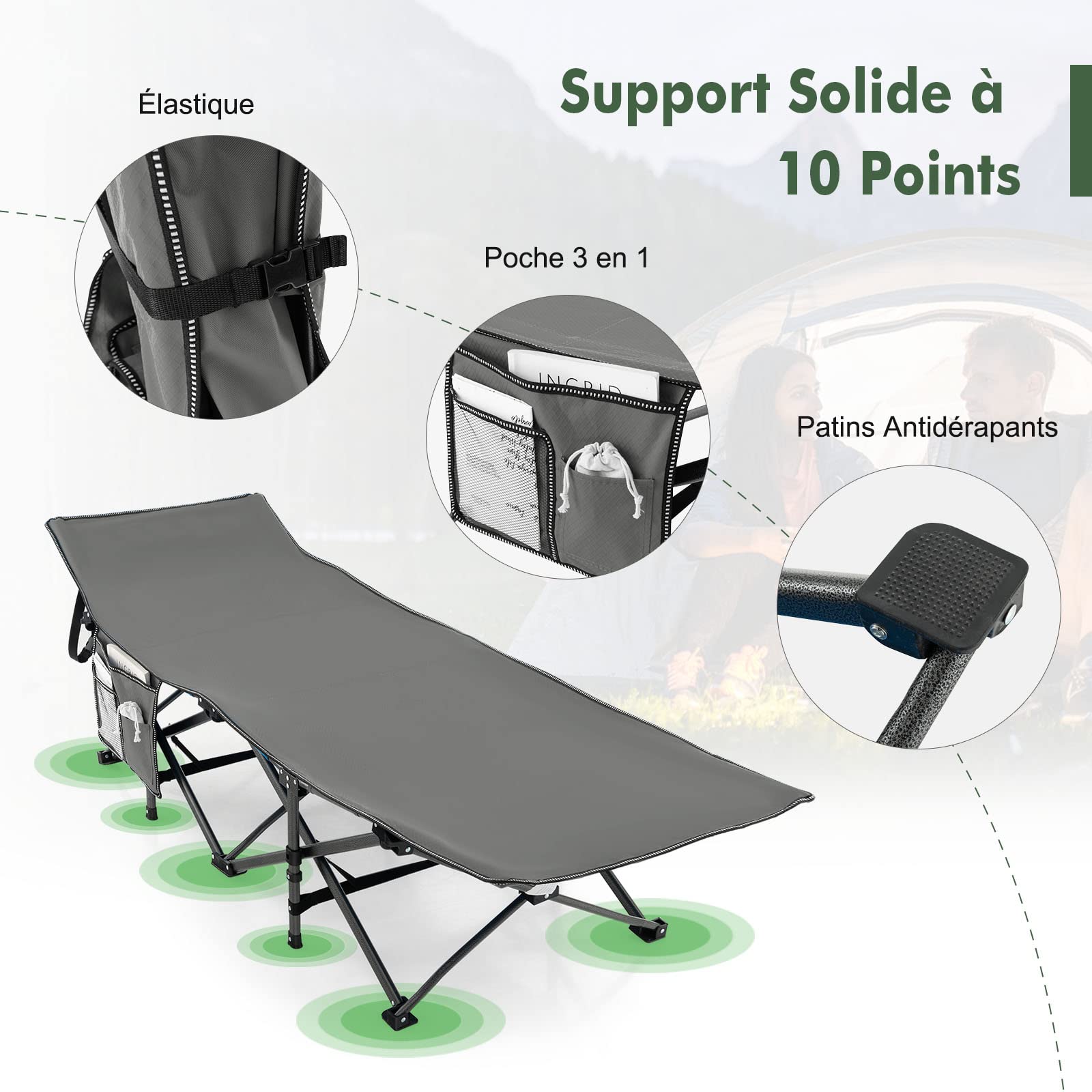 GYMAX Lit de Camp Pliable 1 Personnes, Charge 160kg, Lit de Couchage Robuste avec Pochette 3-en-1, Sac de Transport, Lit de Tente pour Camping, Voyage, Randonnée