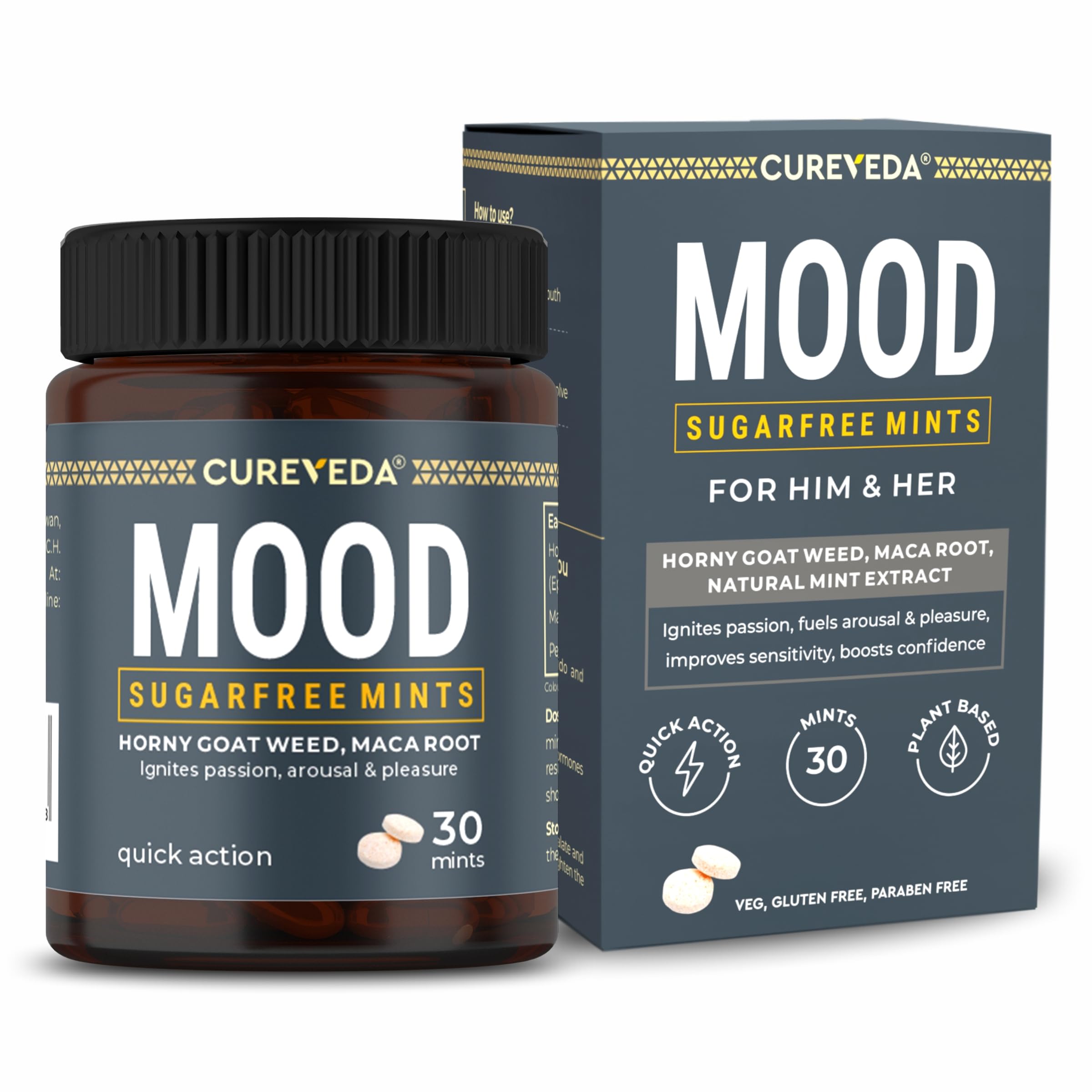 Cureveda Mood Mints for Him & Her | Herbal Mint Tablets for Mood Balance, Energy & Daily Wellness | Horny Goat Weed & Maca | Minty Fresh | Fast-Dissolving Tablets | 30 Mints