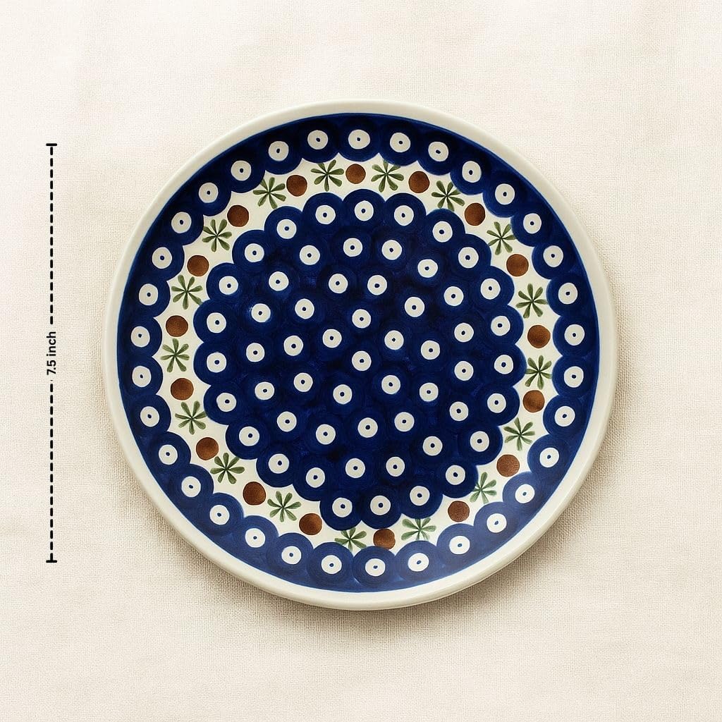 Blue Rose Polish Pottery - Blue Nature Dessert Plate - 7.5" Diameter - Beautiful Plate for Cake, Appetizers, or Snacks