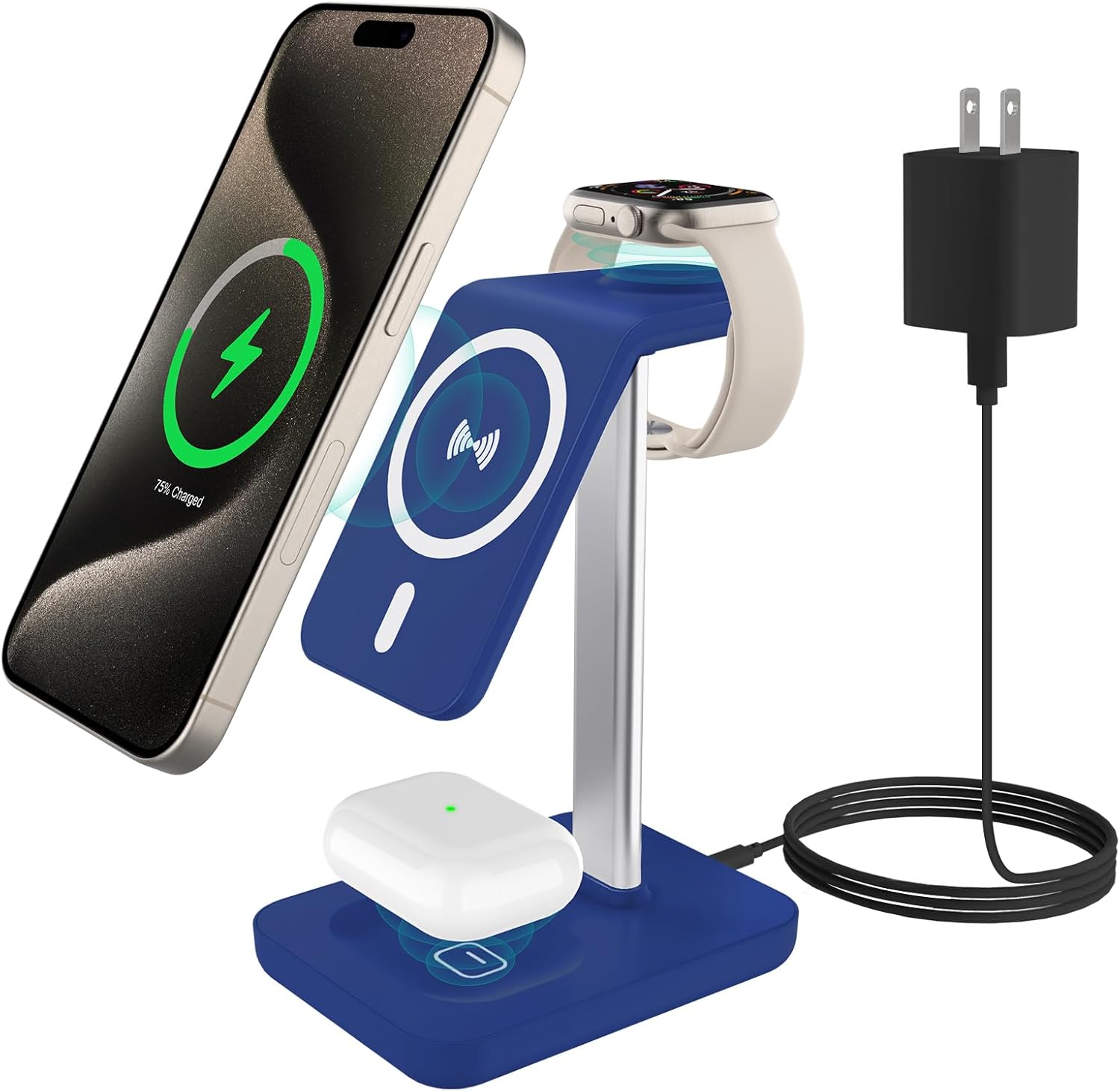 3 in 1 Charging Station for Apple Devices,Magnetic Wireless Charger for iPhone 15/14/13/12 Series, Mag-Safe Charger for iPhone AirPods iWatch with QC Adapter Dark Blue 2024