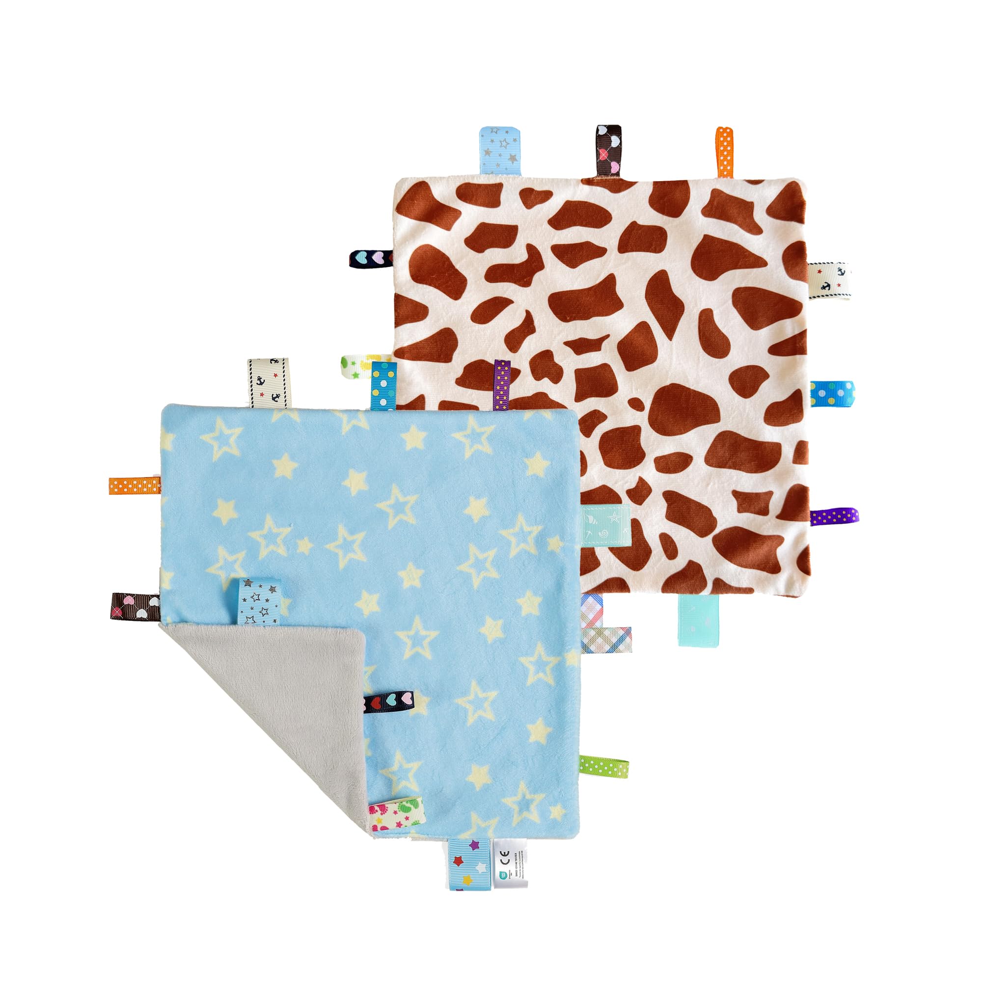 CREVENT Tag Security Blankets for Babies, Soft Small Baby Comforter Sensory Blanket, Great Gifts for Birthday Baby Shower - 24X24cm/10 X10 Blue Star + Giraffe Dot