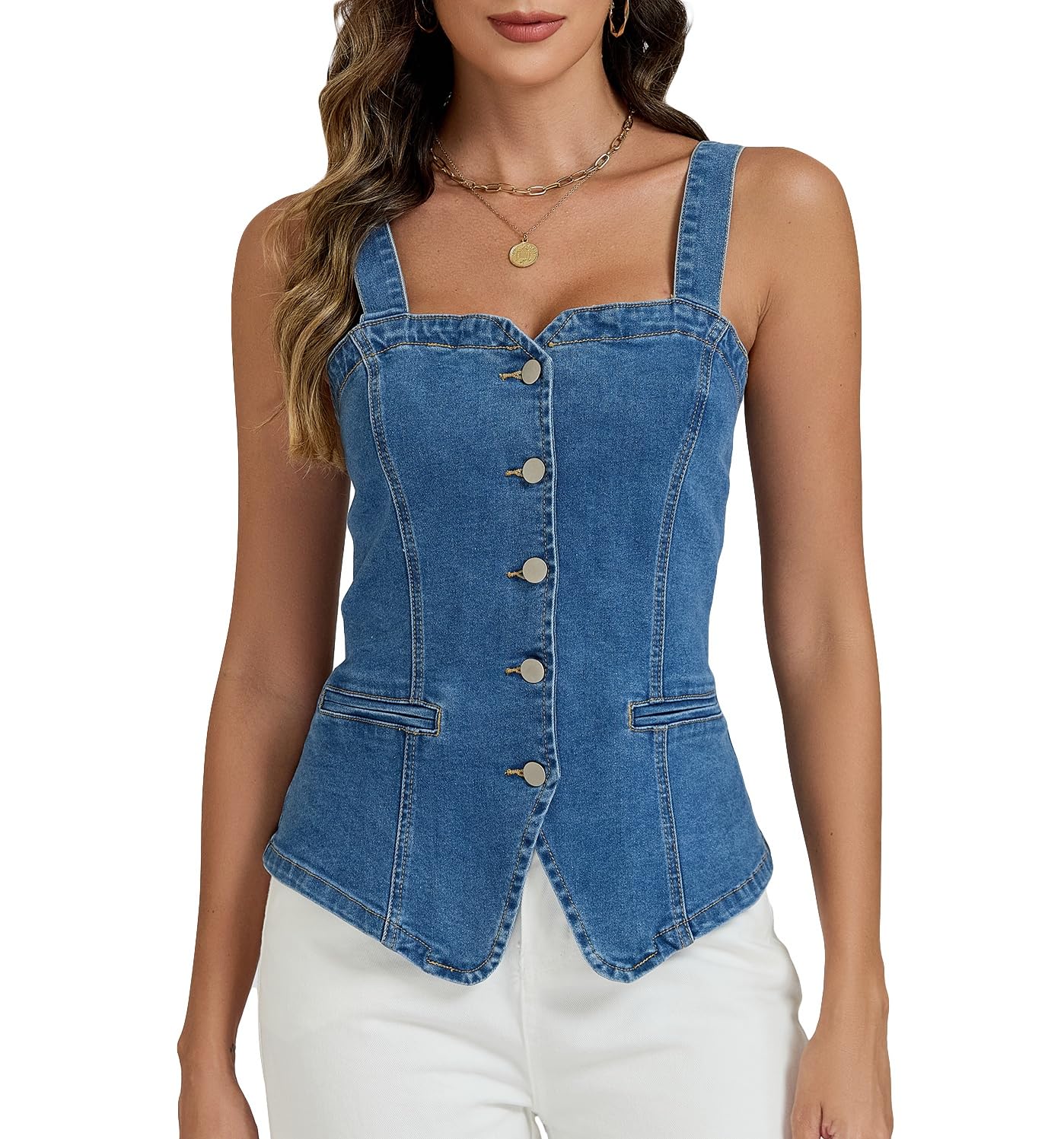 Ladyful Denim Vest Tops for Women Stretchy Denim Corset Tube Tank Top Adjustable Straps Y2K Jean Vest Suit