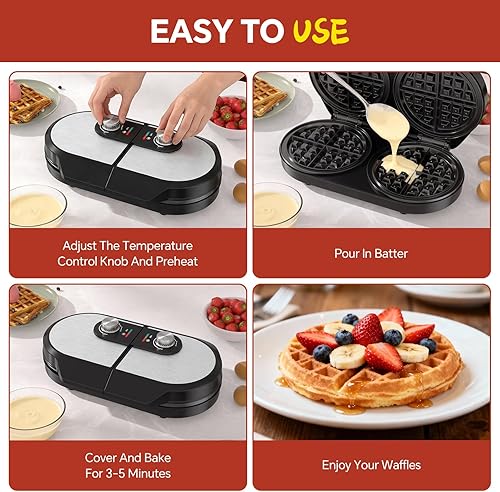 Miniatura 6 de Máquina para hacer gofres doble belga, plancha para gofres de 6.5 pulgadas con 2 perillas independientes ajustables de temperatura e luces