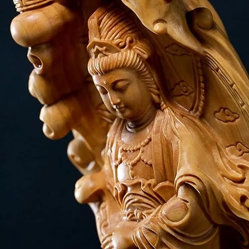 Miniatura 5 de Decoración de Feng Shui Quan Yin, estatua de boj tallada a mano, estatua de Kuan Yin, decoración de oficina en casa, estatua de la diosa de la