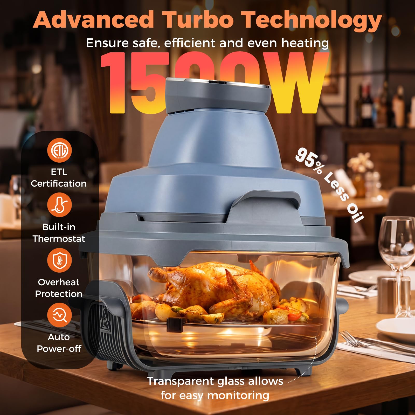 LIFEZEAL Friggitrice ad Aria 4L, 1500 W, 6 programmi, Friggitrice Aria con 2 Contenitori Vetro Rimovibili, Timer, Accessori Lavabili in Lavastoviglie, Portatile per Cucina Casa, Camping (Blu)