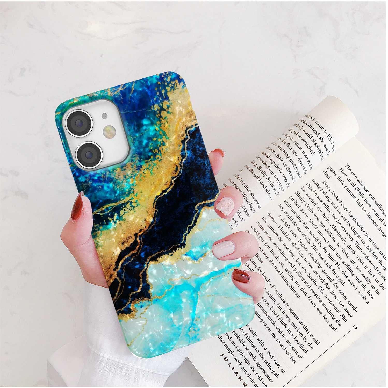 Glitter Pearly Shell Luster Sparkle Bling Soft TPU Flexible Slim Thin Girl Women Phone Case Cover for iPhone 12 / iPhone 12 Pro 6.1, Blue Gold Marble - Image 5
