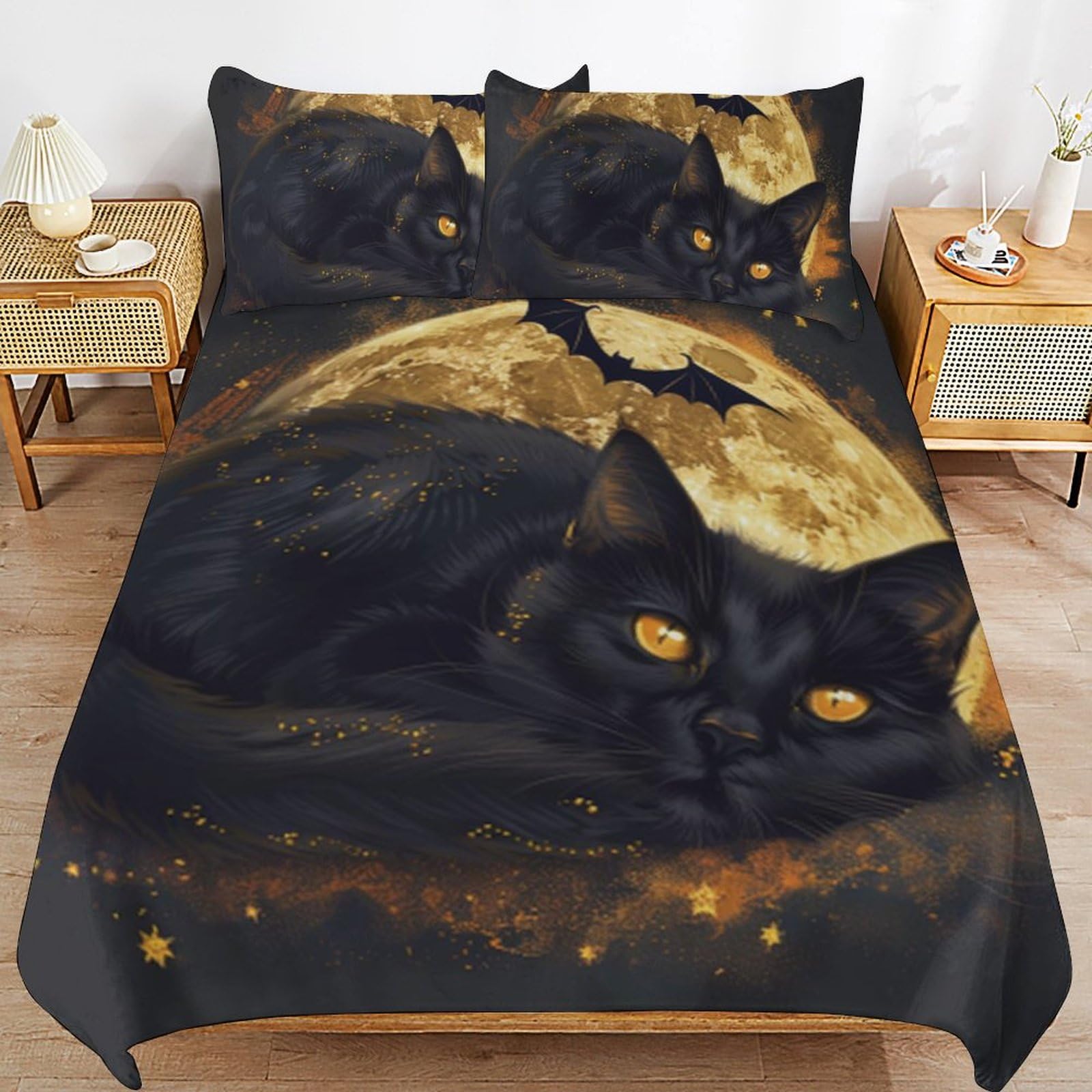 Parure de lit chat noir microfibre anti-plis pour un couchage enfant facile à laver