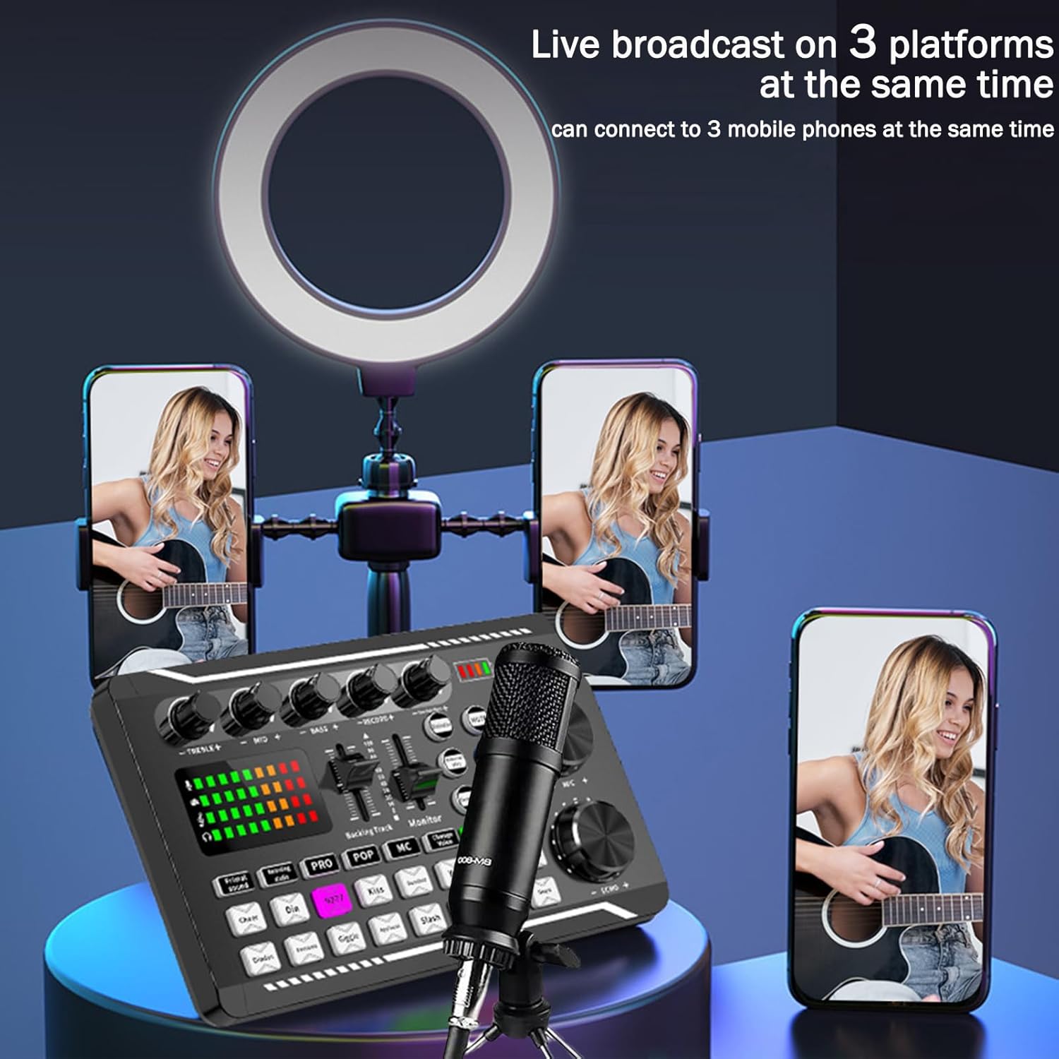 F998 Live Sound Card & Audio Mixer with 16 Voice Effects, Vocal Changer for Streaming Podcast Recording - Portable Studio Mixer with Reverb, Noise Reduction, Monitor Output (Black Microphone Set)