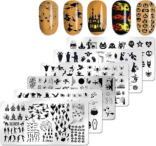 JERCLITY 6pcs Halloween Nail Stamping Plate Nail Art Stamping Kit Witch Ghost Skull Pumpkin Spider Flame Image Plates Halloween Nail Stamping Plates for Nails