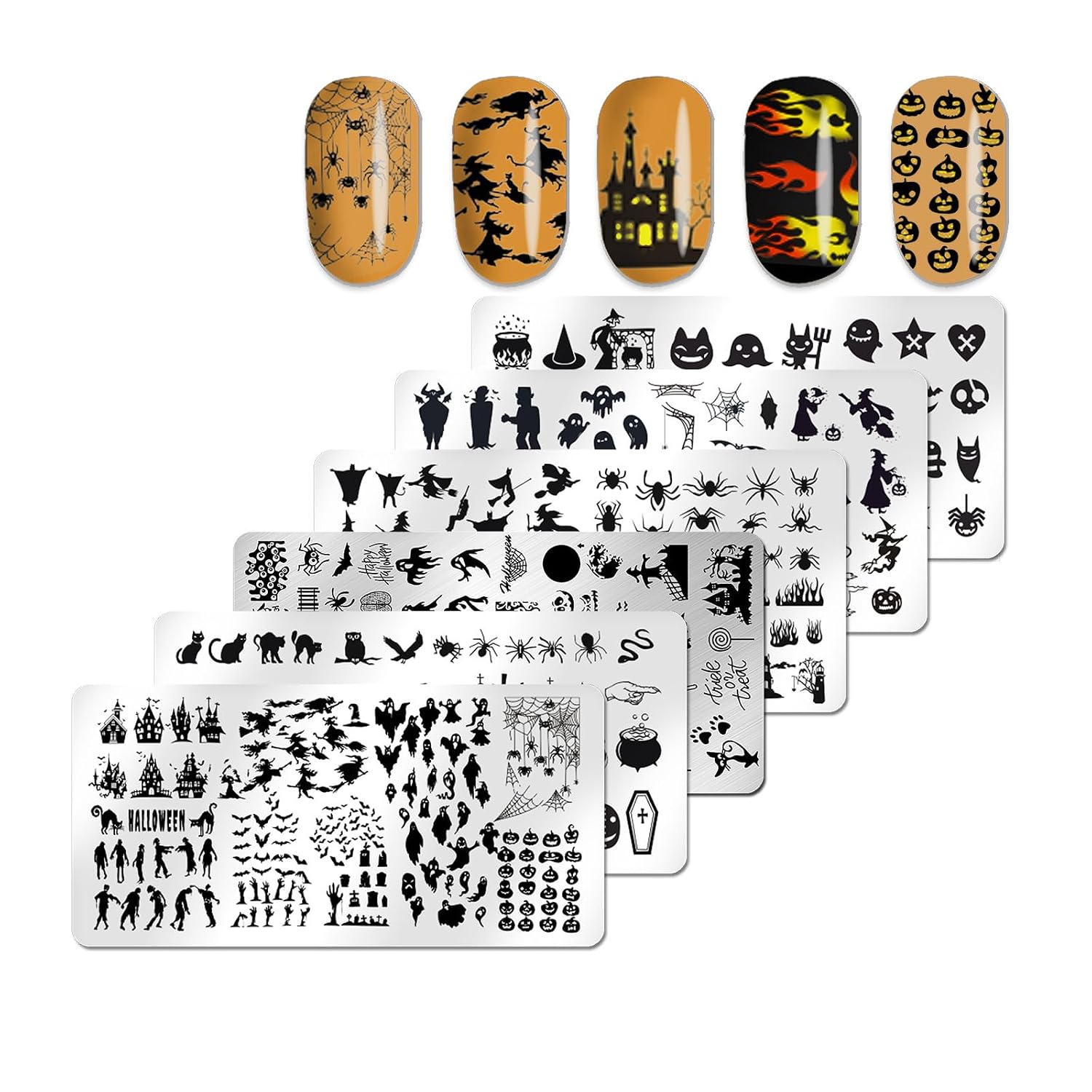 6pcs Halloween Nail Stamping Plate Halloween Nail Stamping Plates for Nails Witch Ghost Skull Pumpkin Flame Image Plates Nail Stamper Kit for Halloween Nail Art