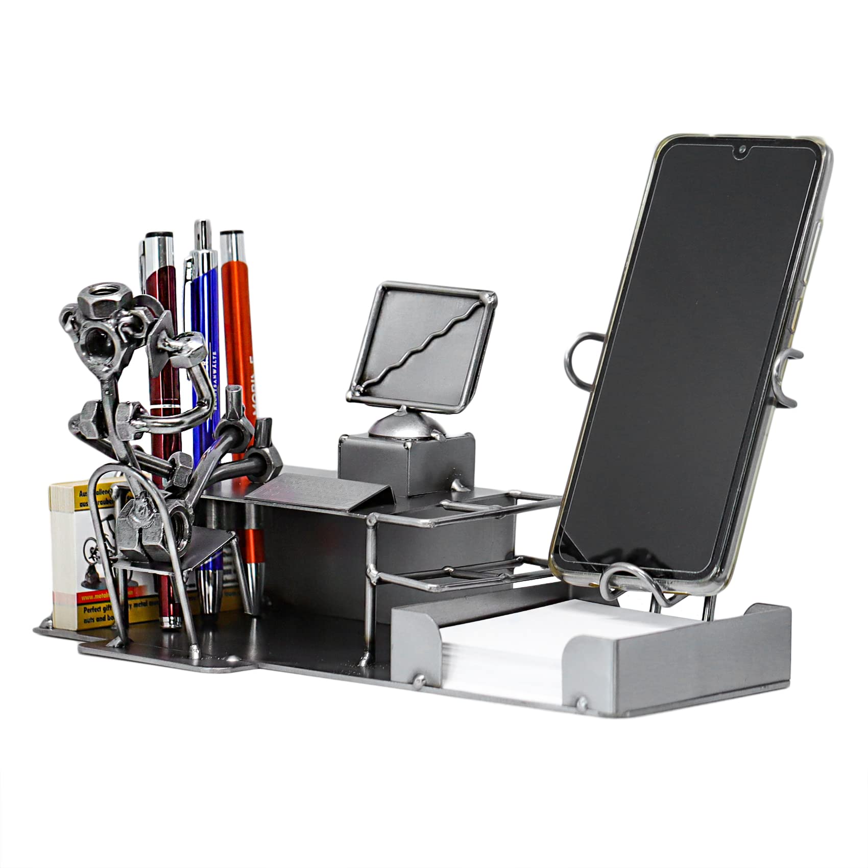 Schraubenmännchen BÜRO PC Schreibtisch Organizer Handyhalter Visitenkartenhalter Stiftehalter Zettelbox Handarbeit Geschenkidee Metallmännchen Stahlfigur - Deko für Büro & Zuhause