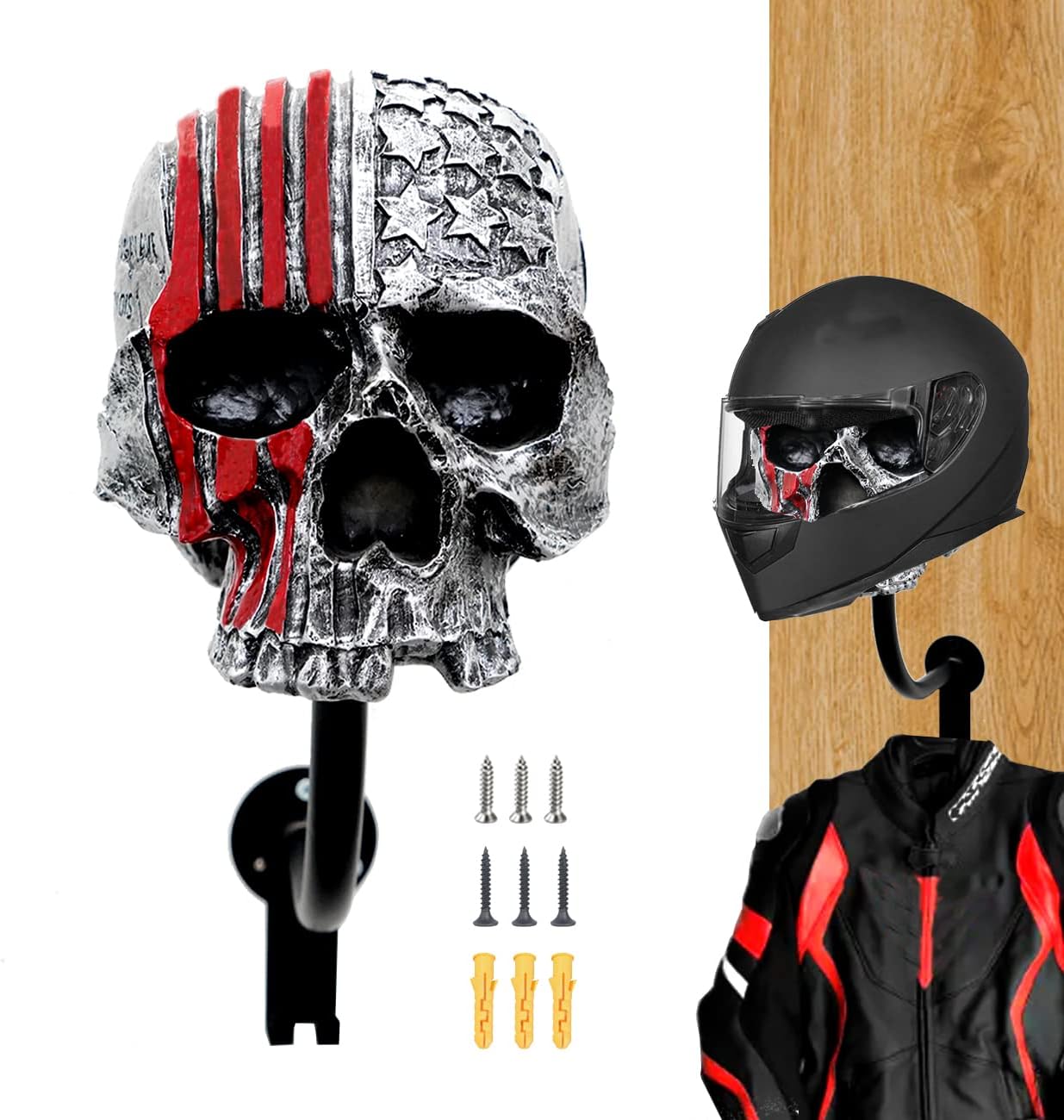 Skull Helmet Holder Motorcycle Rack, Red Wall Mount with 2 Hooks for Coats, Caps, Baseballs and Rugby Helmets