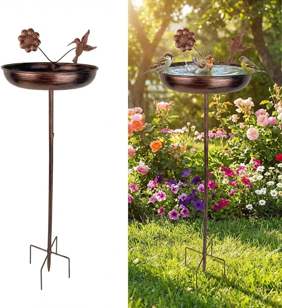 Vintage Metal Bird Bath for Outside, 9.8" Dia Freestanding Bird Bath and Feeder with a Flower and Hummingbird Decor, Suitable for Garden, Patio, and Lawn, Easy Clean and Install (Bronze)