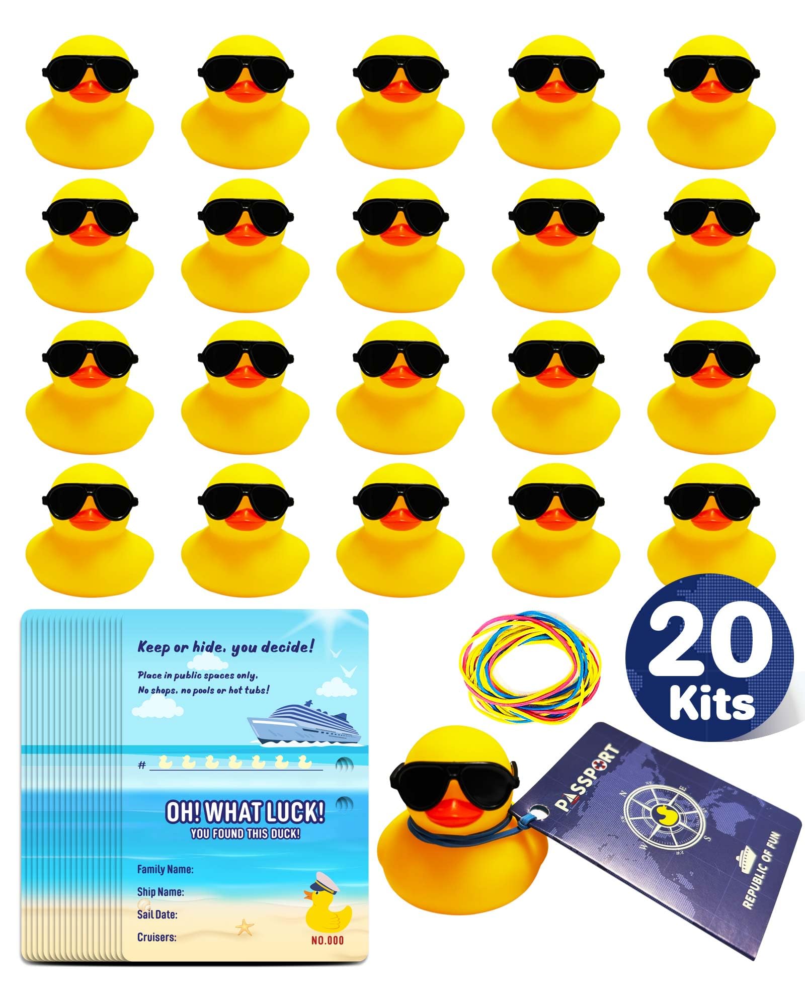 Artreeiger Cruise Duck Tags Set Includes 20 Cruise Rubber Ducks for Cruise Ships 20 Sunglasses 20 Cruising Duck Tag Card 20 Rubber Bands for Hiding Carnival Cruise Ducking Game Party