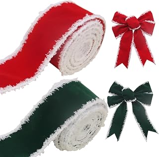2 Rolls Christmas Velvet Ribbon Red Green Ribbons Rolls Fabric Cloth Wired Edge Ribbon White Sided Wrapping Decorative for Christmas Holiday Tree Skirt Edge Bow Wreath Making DIY Crafts