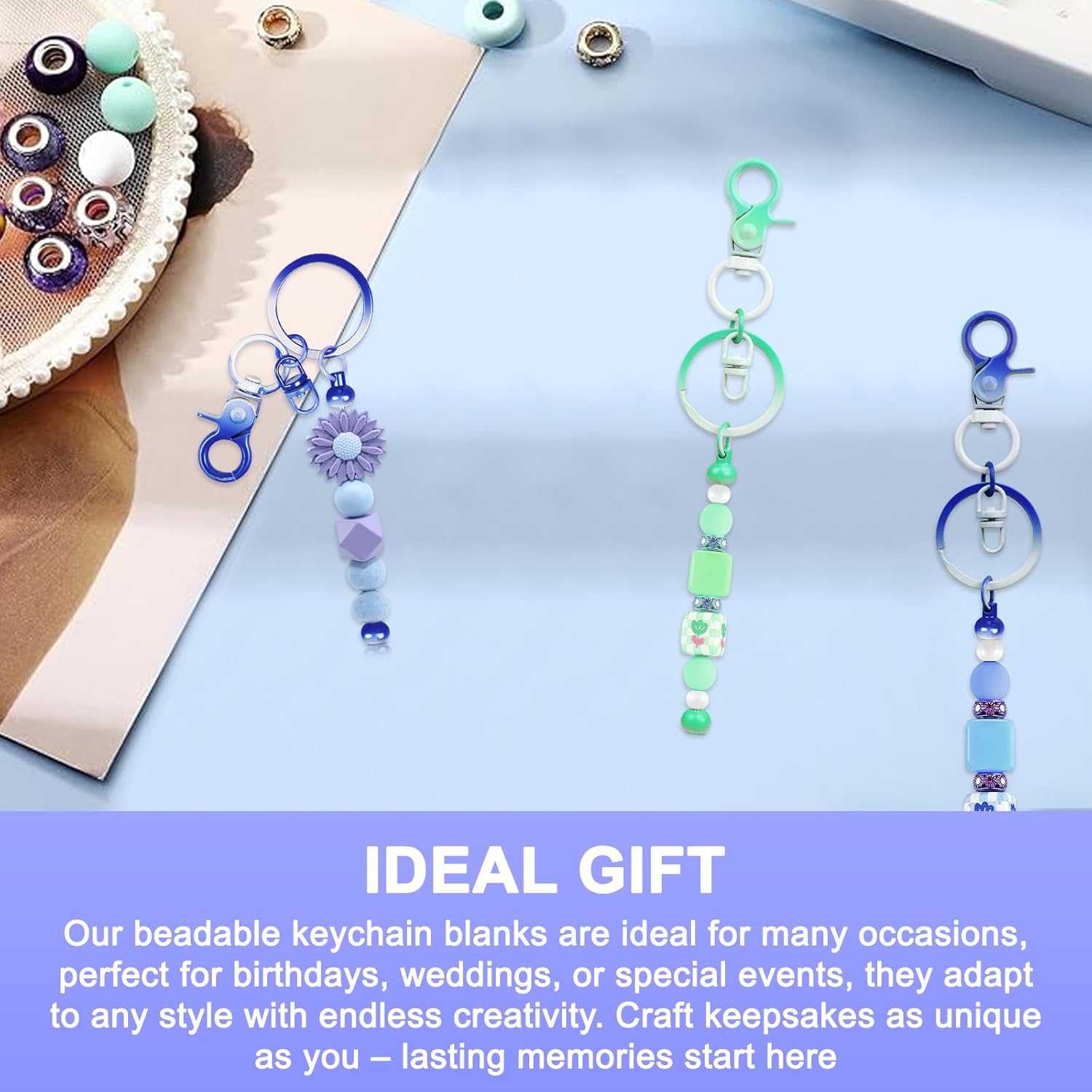 14 PCS Beadable Keychain Bars Bulk, Blank Bead Keychains, Metal Creative Beaded Keychain Bar Suitable for Bead Keychains Making DIY Crafts Women Men Gift, Blue and Green Gradient Color - Image 5