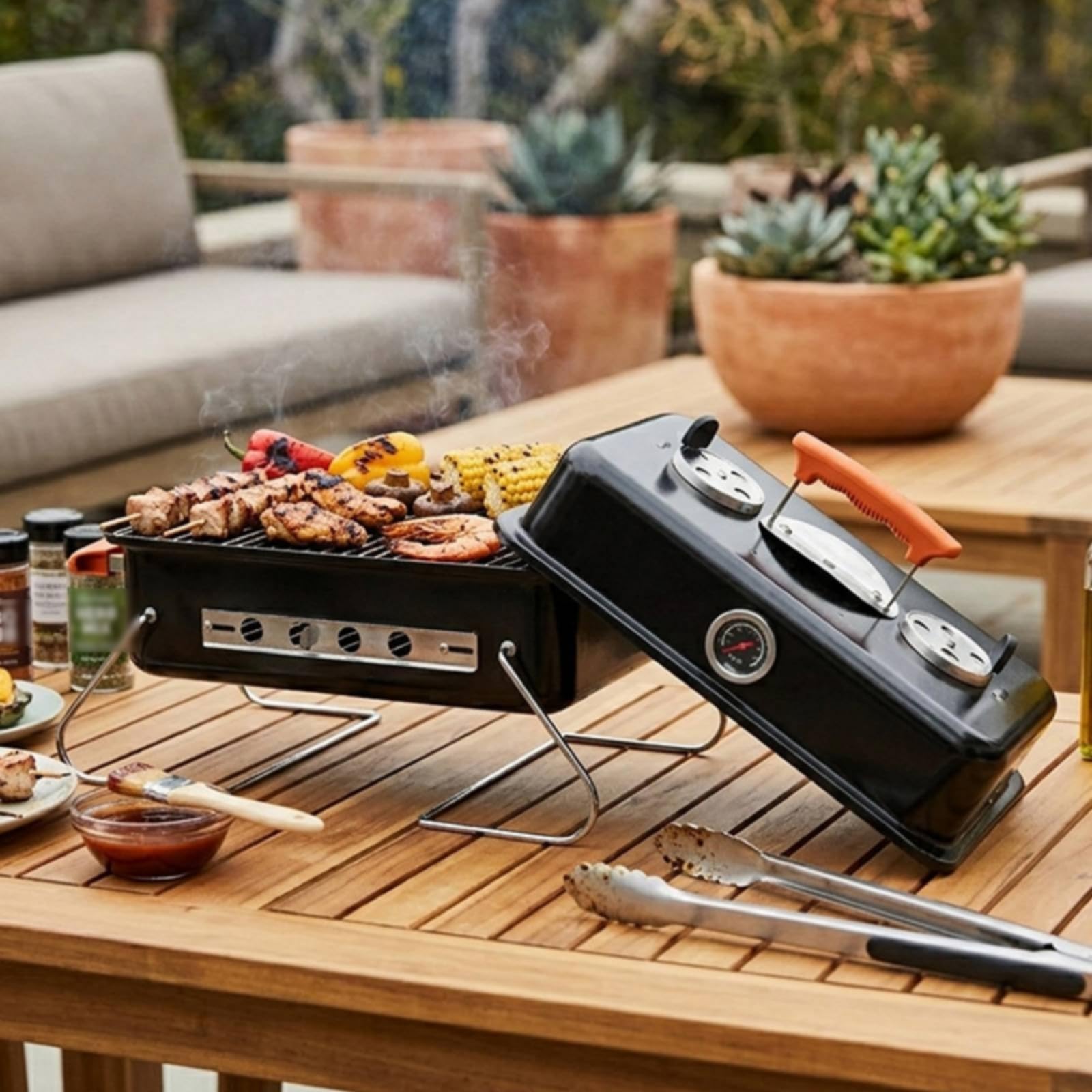 Barbecue a Carbone Portatile Adatto Al Campeggio Barbecue con Coperchio Robusto Griglia Portatile con Termometro per Campeggiatori, Giardino