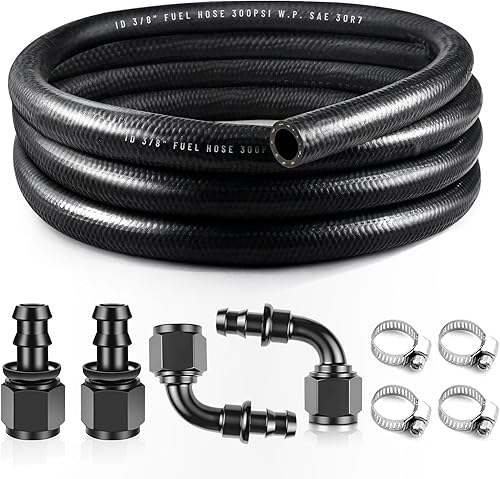 3/8 Fuel Hose Line 10FT Kit NBR Rubber SAE 30R7 150PSI, 4Pcs 6AN Push Lock Hose 