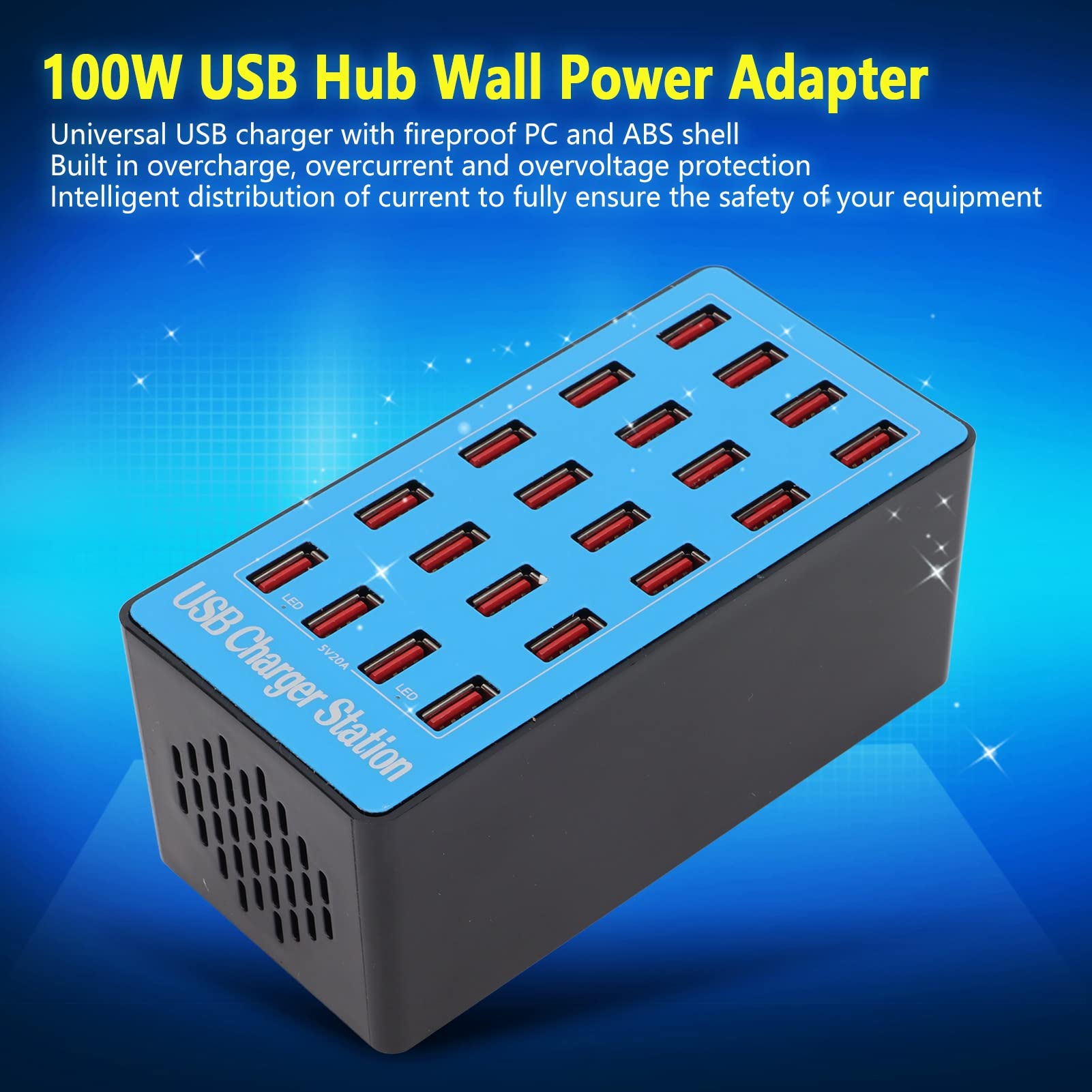 Bewinner Cargador USB Estación de Carga USB 100W 20 Puertos USB Hub Cargador Adaptador de Corriente de Pared Estación de Carga Rápida para Teléfono Inteligente Tableta Computadora Portátil(EU)
