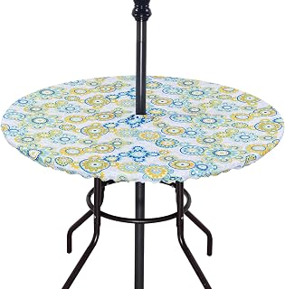 Poise3EHome Fitted Round Outdoor Tablecloth, Polyester SpillProof Floral Table Cloth with Umbrella Hole Zipper Elastic for Patio Garden Poolside Picnic Fits to 32"-38" Patio Table