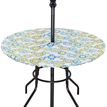 Poise3EHome Fitted Round Outdoor Tablecloth, Polyester SpillProof Floral Table Cloth with Umbrella Hole Zipper Elastic for Patio Garden Poolside Picnic Fits to 32"-38" Patio Table