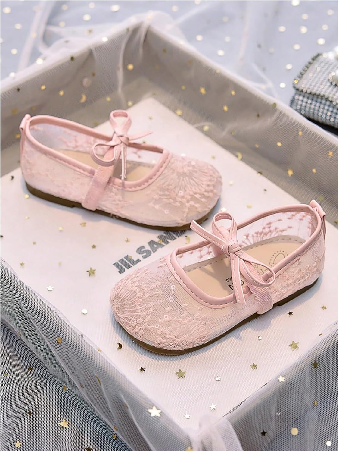 MakeMeChic Girl's Cute Bow Ballet Flats Lace Sheer Round Toe PU Leather Summer Flat Shoes