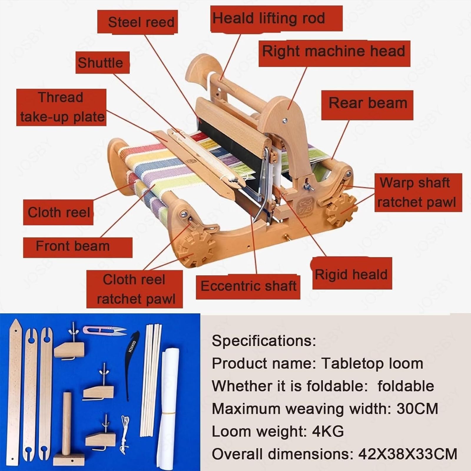 Tischwebstuhl aus Holz, Faltbarer 300-mm-Webstuhl-Bausatz, kleine DIY-Handstrickmaschine mit Einstellbarer Stoffdichte, Webrahmen-Webstuhl, für Anfänger und Erwachsene