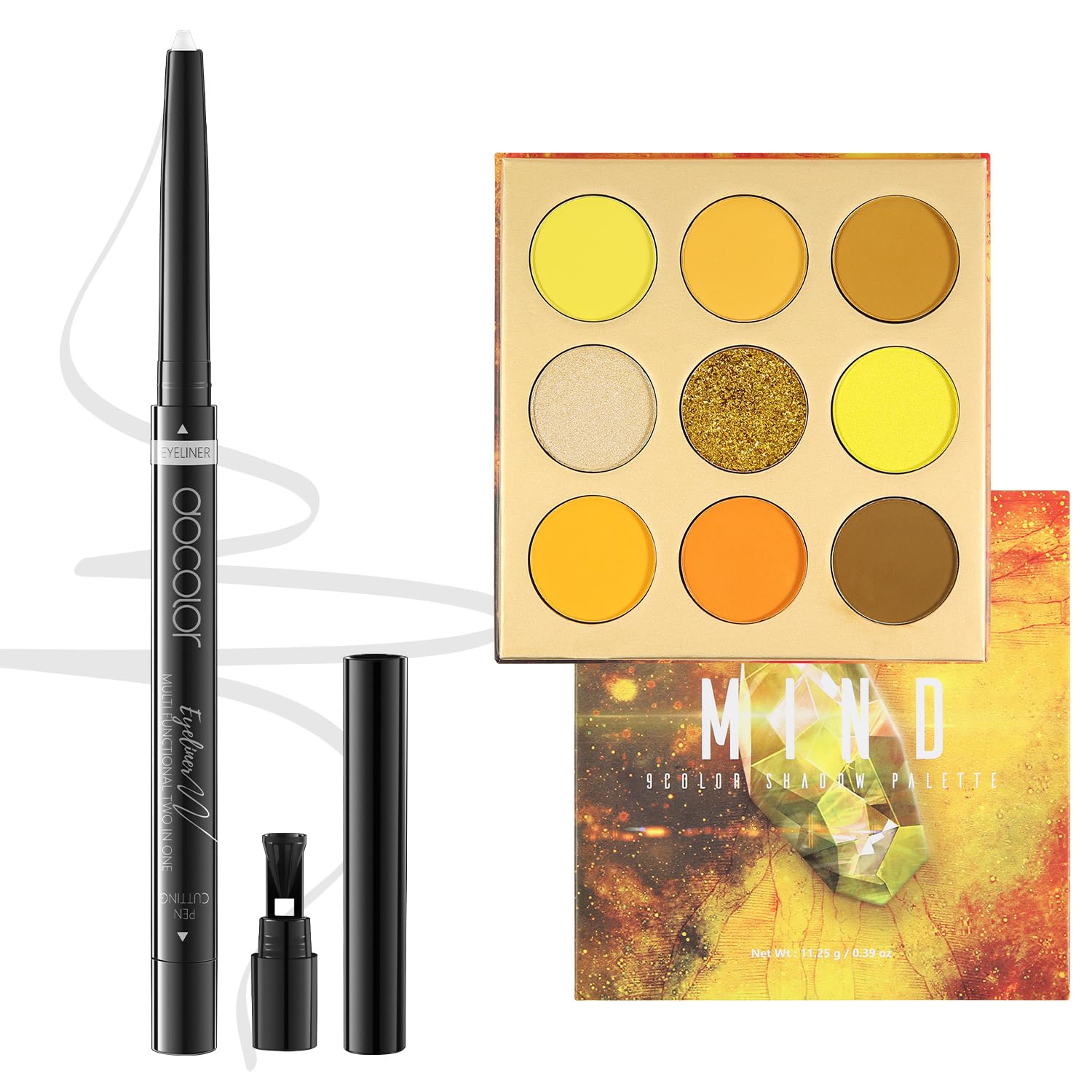 docolor Yellow Eyeshadow Palette 9 Colors Gemstone Shadow Palette Highly Pigmented Mattes Shimmers Colourful Makeup Palette and White Eyeliner Gel Pen Pigmented Waterproof Smudge-proof Eyeliner Pencil